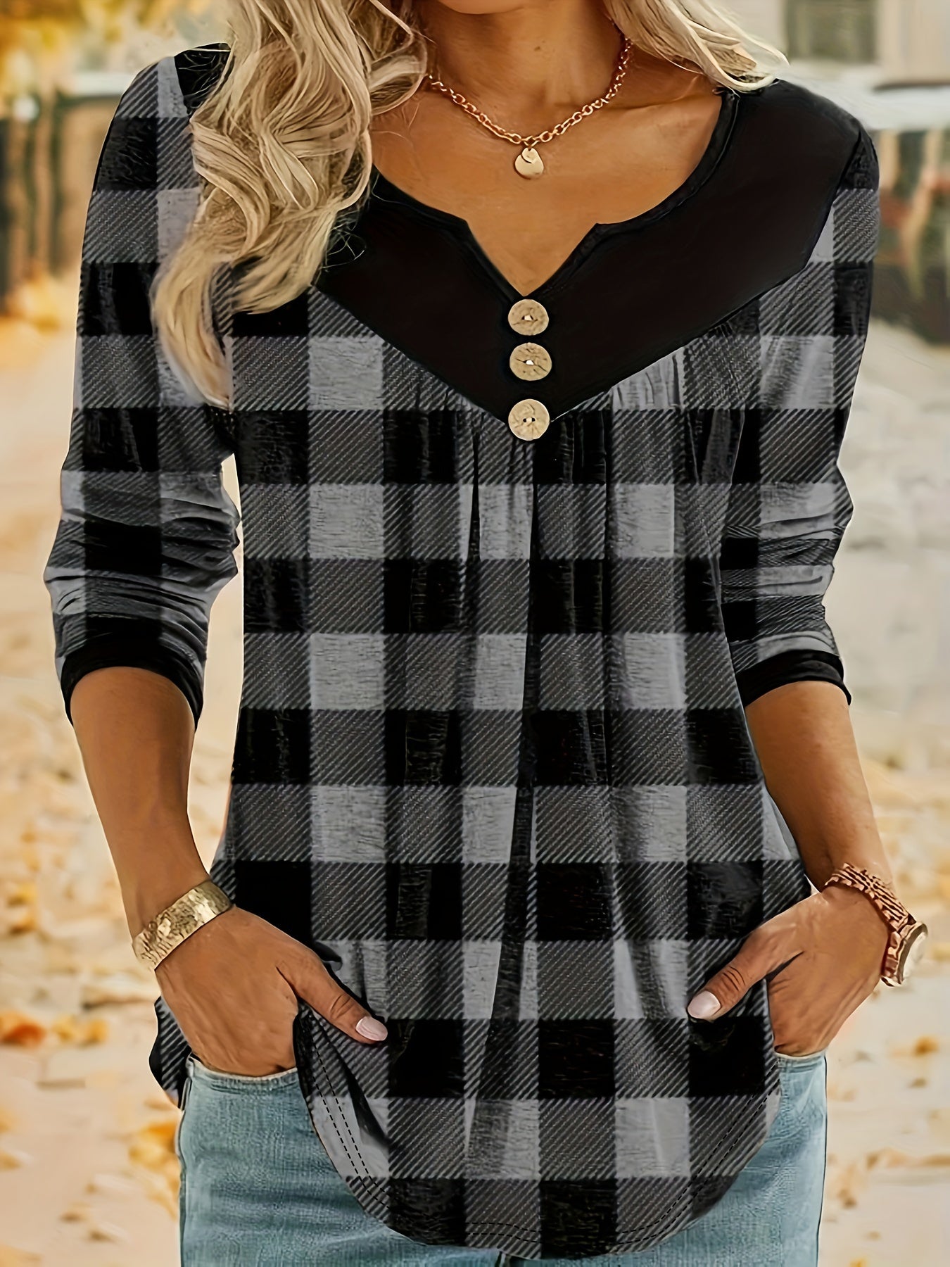 Plaid Print Notch Neck Button T-Shirt, Casual Long Sleeve T-Shirt For Spring & Fall, Women's Clothing