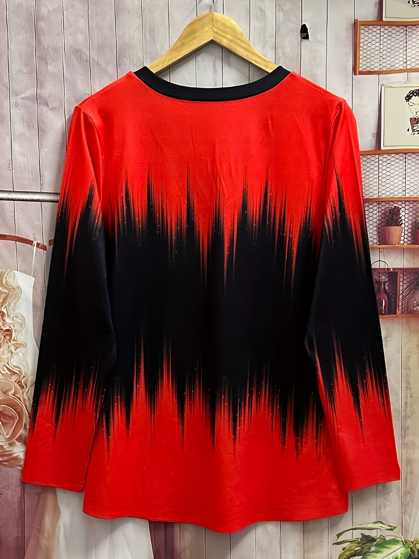 Plus Size Casual T-shirt, Women's Plus Ombre Stripe Print Button Decor Long Sleeve V Neck Slight Stretch T-shirt