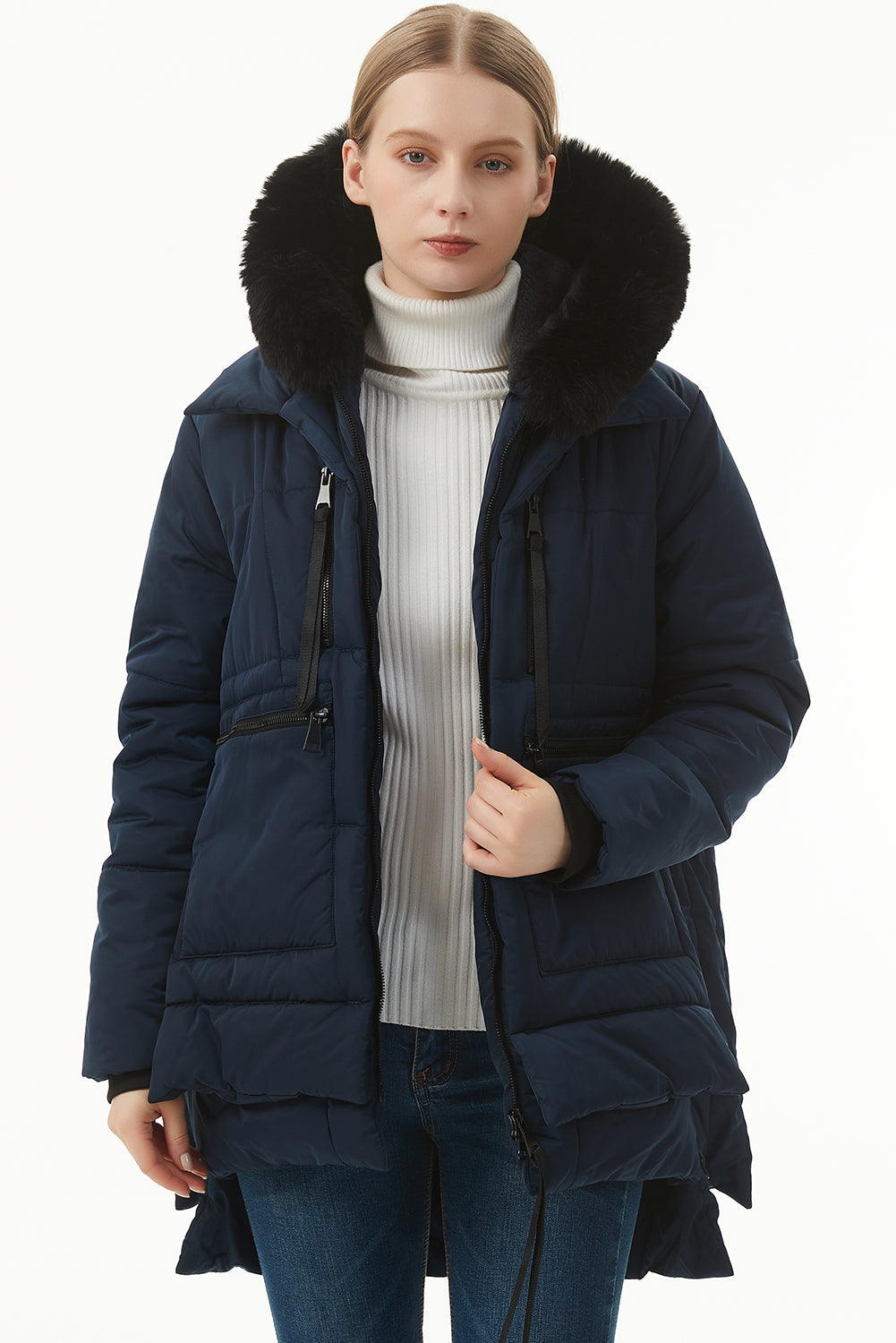 Beige Plush Linen Zip Up Hooded Puffer Coat