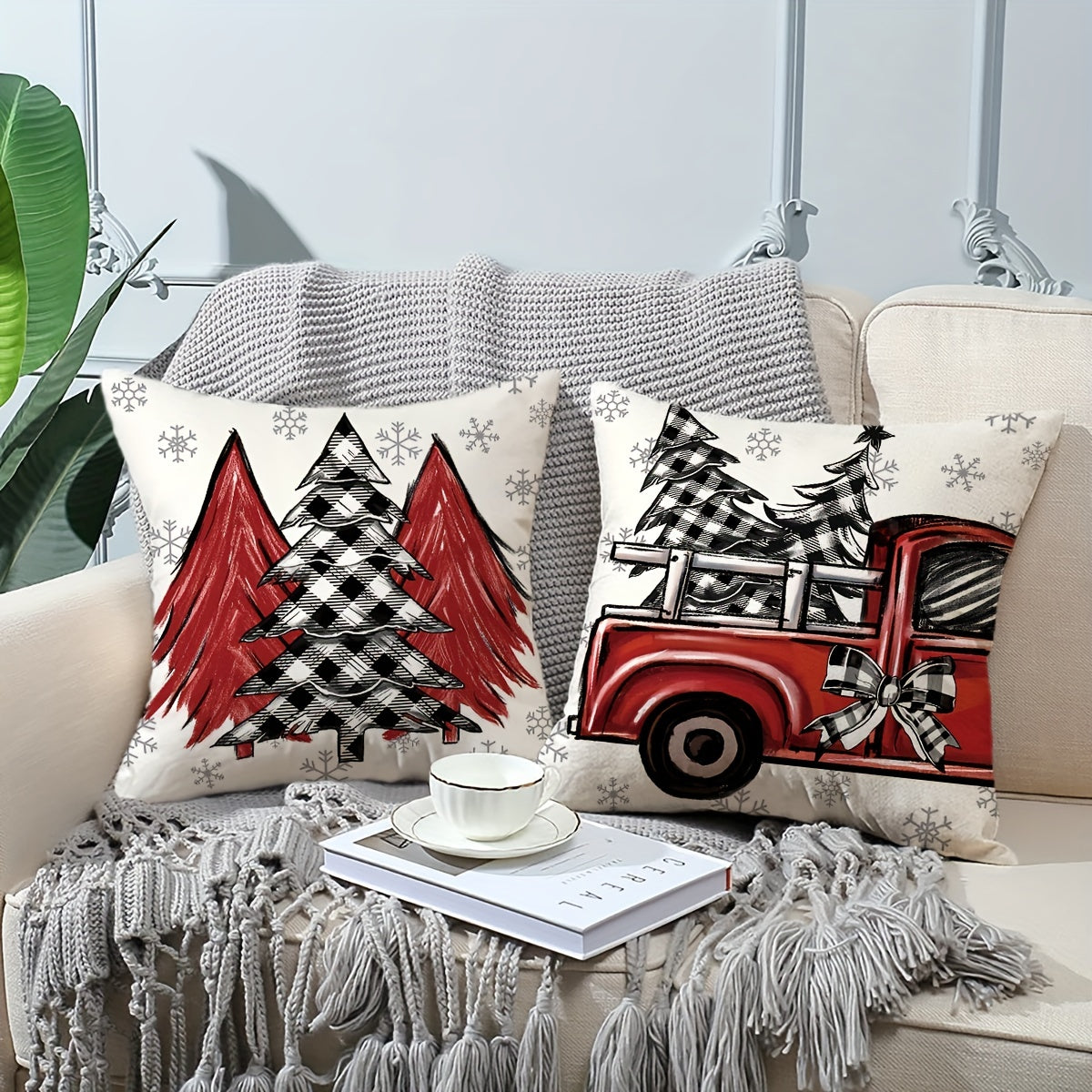 4pcs Red Christmas Pillow Covers, 18*18Inch Set Of 4 Farmhouse Christmas Decorations, Merry Christmas Tree Truck Hello Winter Holiday Decor Throw Cushion Cases For Couch Sofa Living Room Outdoor，Without Pillow Inserts