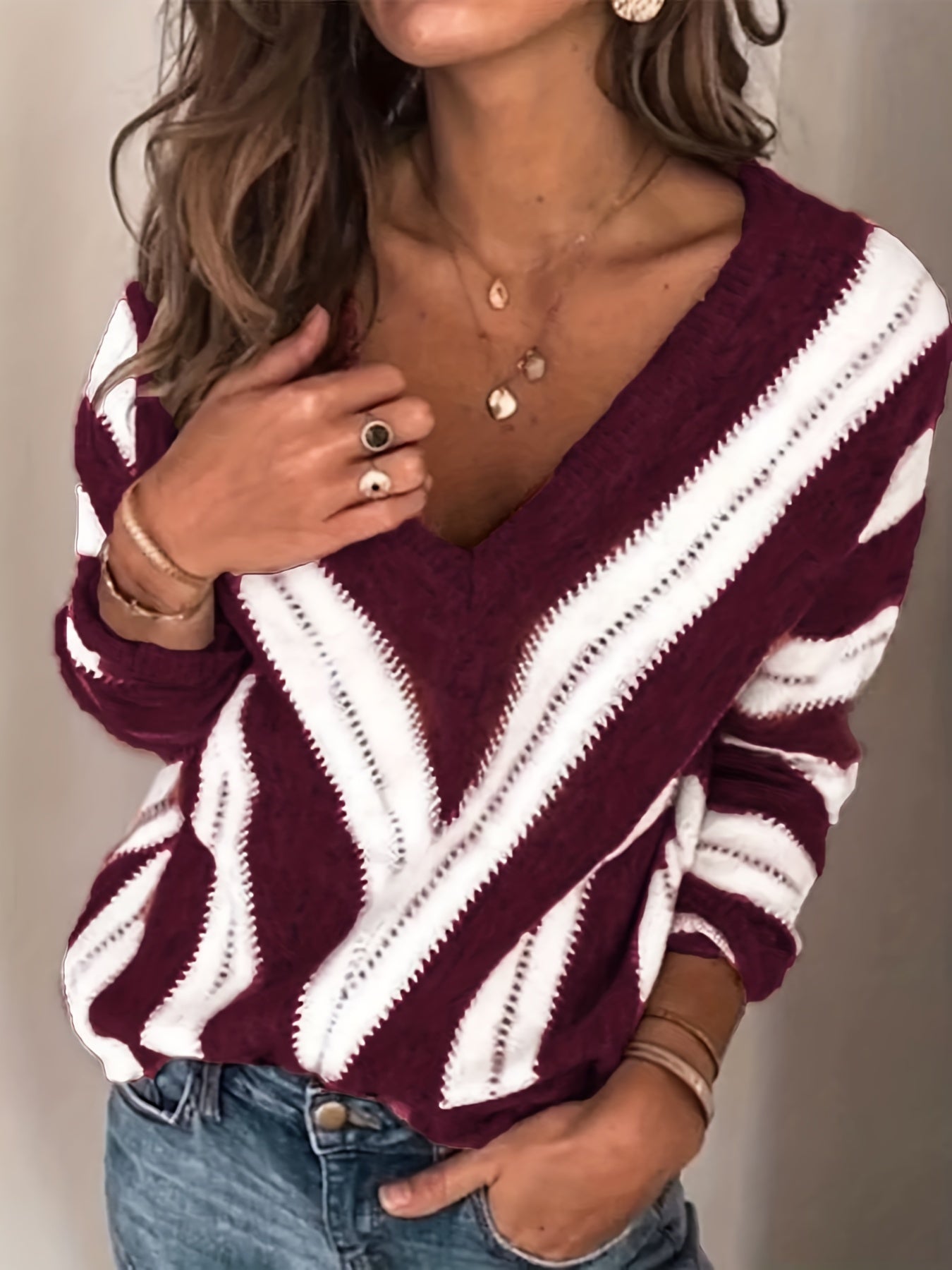 Striped Pattern Eyelet V Neck Pullover Sweater, Casual Long Sleeve Sweater For Fall & Winter, Women's Clothing