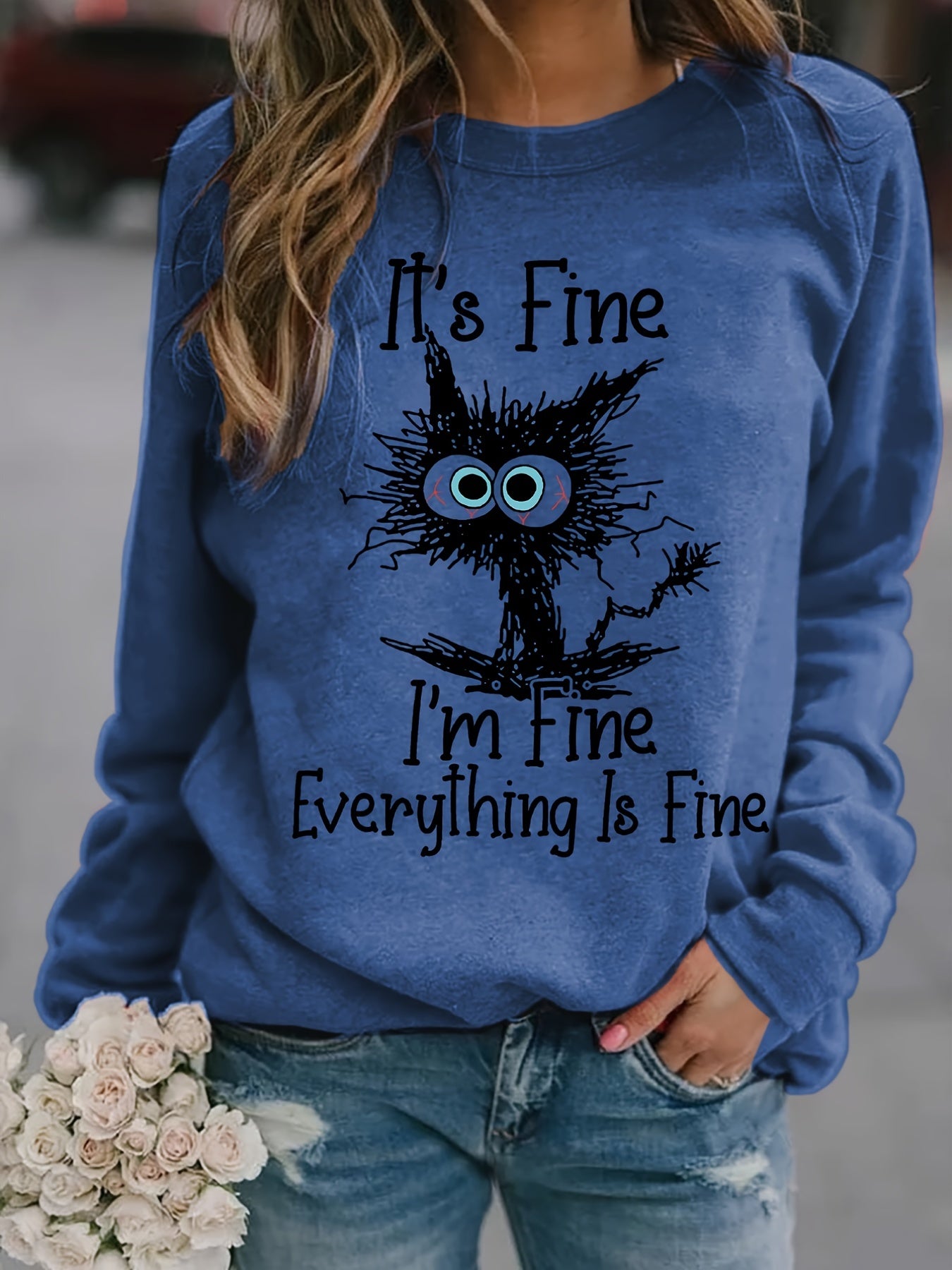 It's Fine Cartoon Cat Print Sweatshirt, Long Sleeve Crew Neck Casual Sweatshirt For Winter & Fall, Women's Clothing