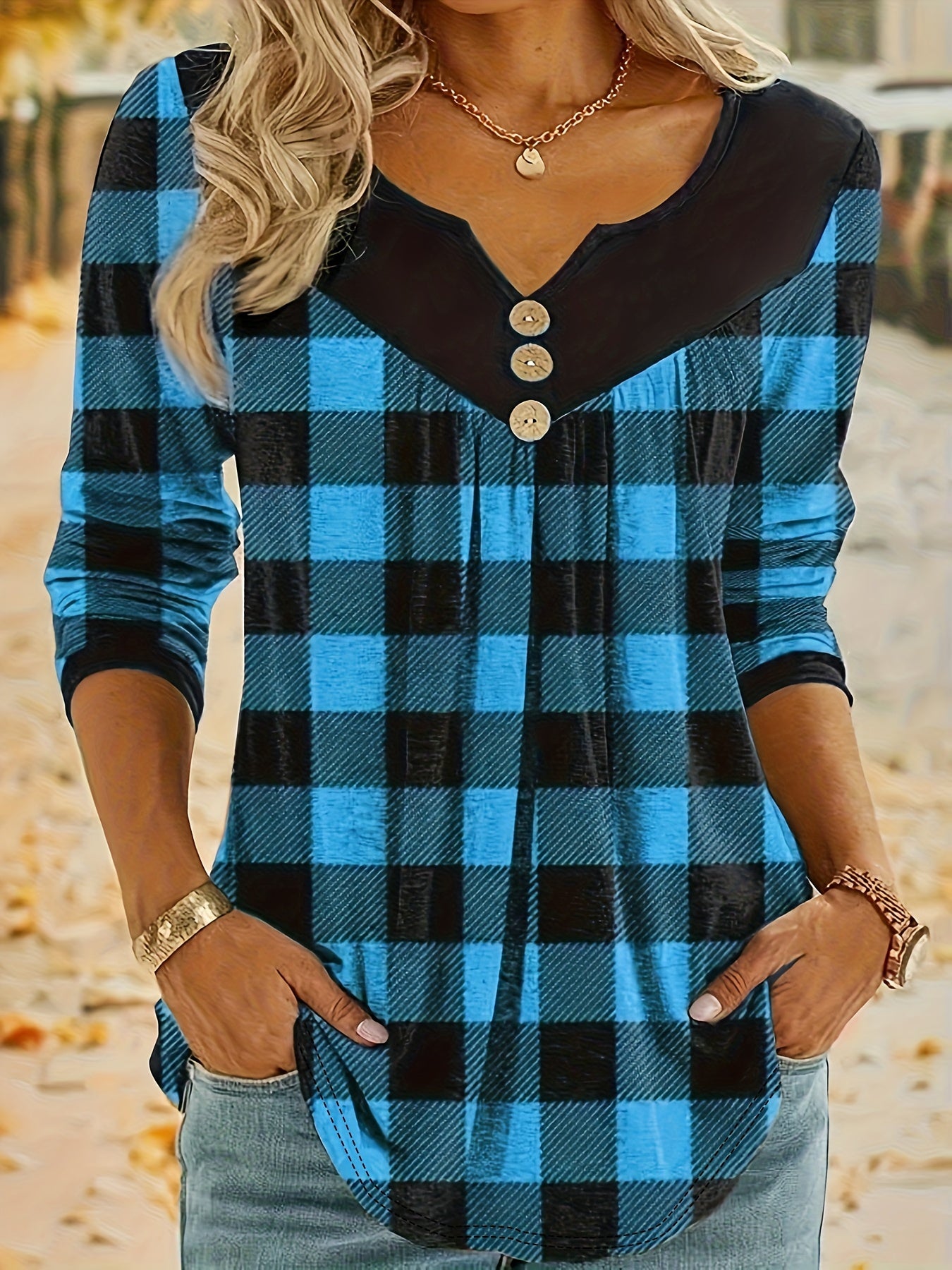 Plaid Print Notch Neck Button T-Shirt, Casual Long Sleeve T-Shirt For Spring & Fall, Women's Clothing