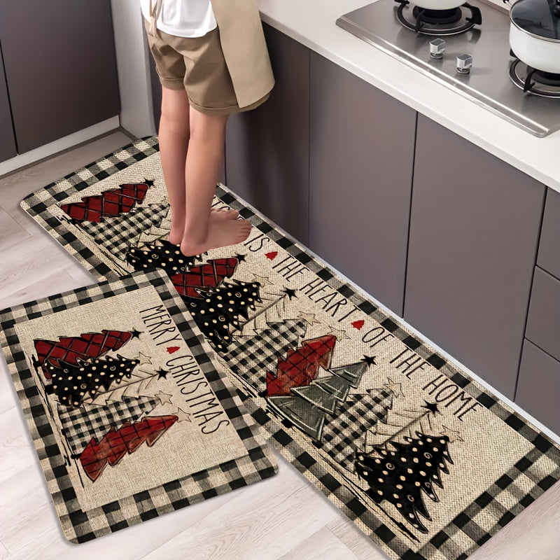 1pc, Vintage Puffy Christmas Tree Pattern Mat, Non-slip Oil-proof Waterproof Floor Mat,  Dirt-resistant Floor Mat,  For Kitchen Living Room Laundry Bathroom, Room Decor