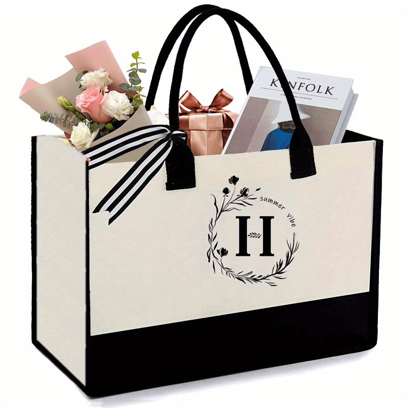 Initial Canvas Tote Bag With Zipper Pocket 13OZ Embroidery Monogrammed Personalized Birthday Gifts For Women And Men | Letter J