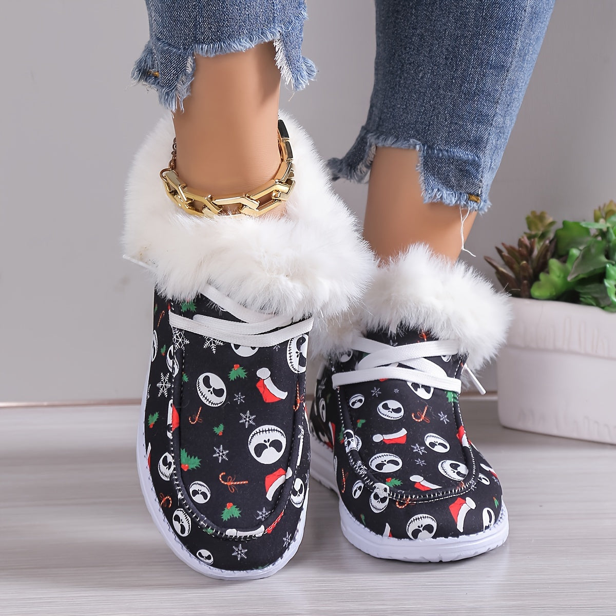 Women's Cartoon Print Fluffy Shoes, Slip On Fleece Lining Flat Soft Sole Shoes, Winter Plush Christmas Canvas Shoes