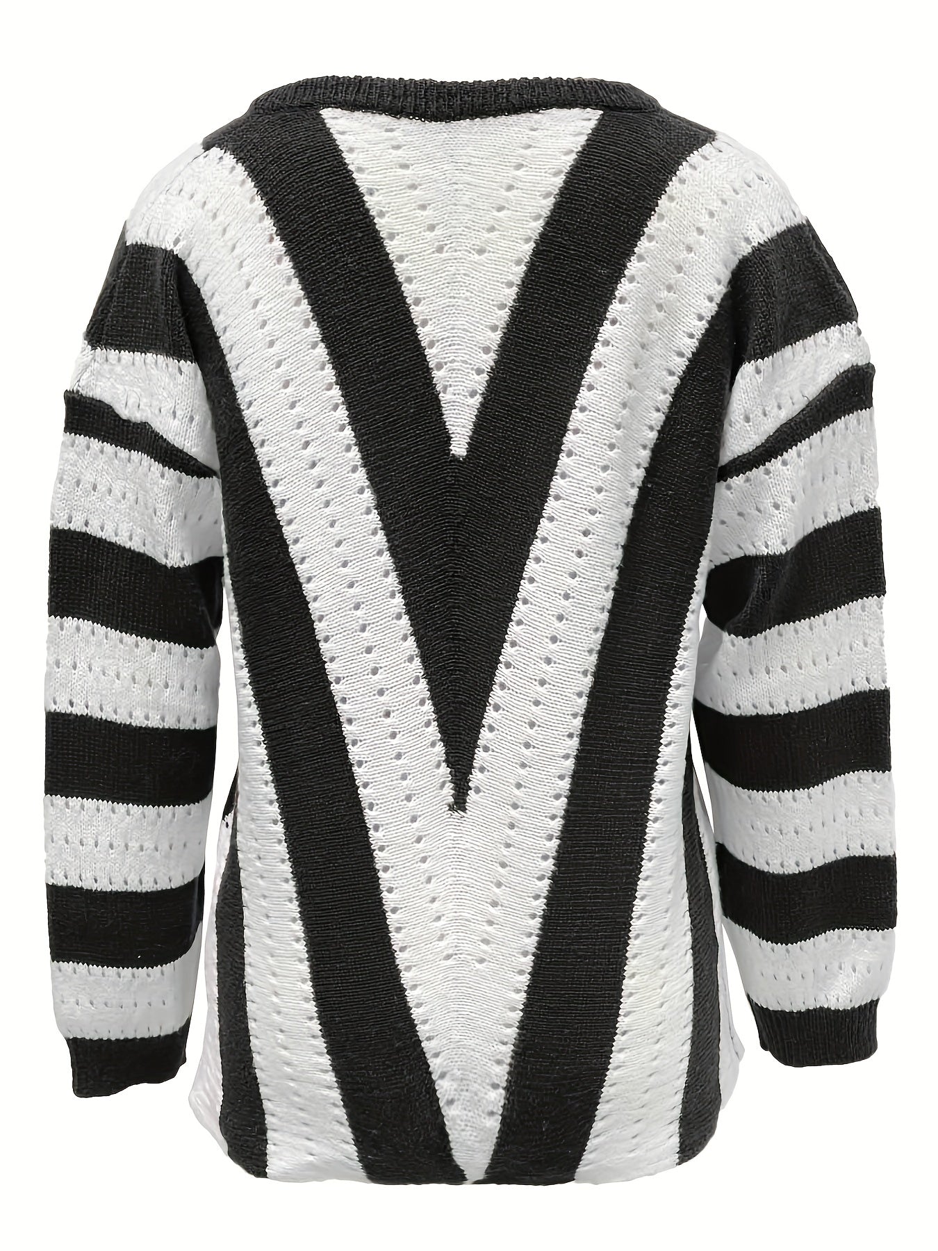 Striped Pattern Eyelet V Neck Pullover Sweater, Casual Long Sleeve Sweater For Fall & Winter, Women's Clothing