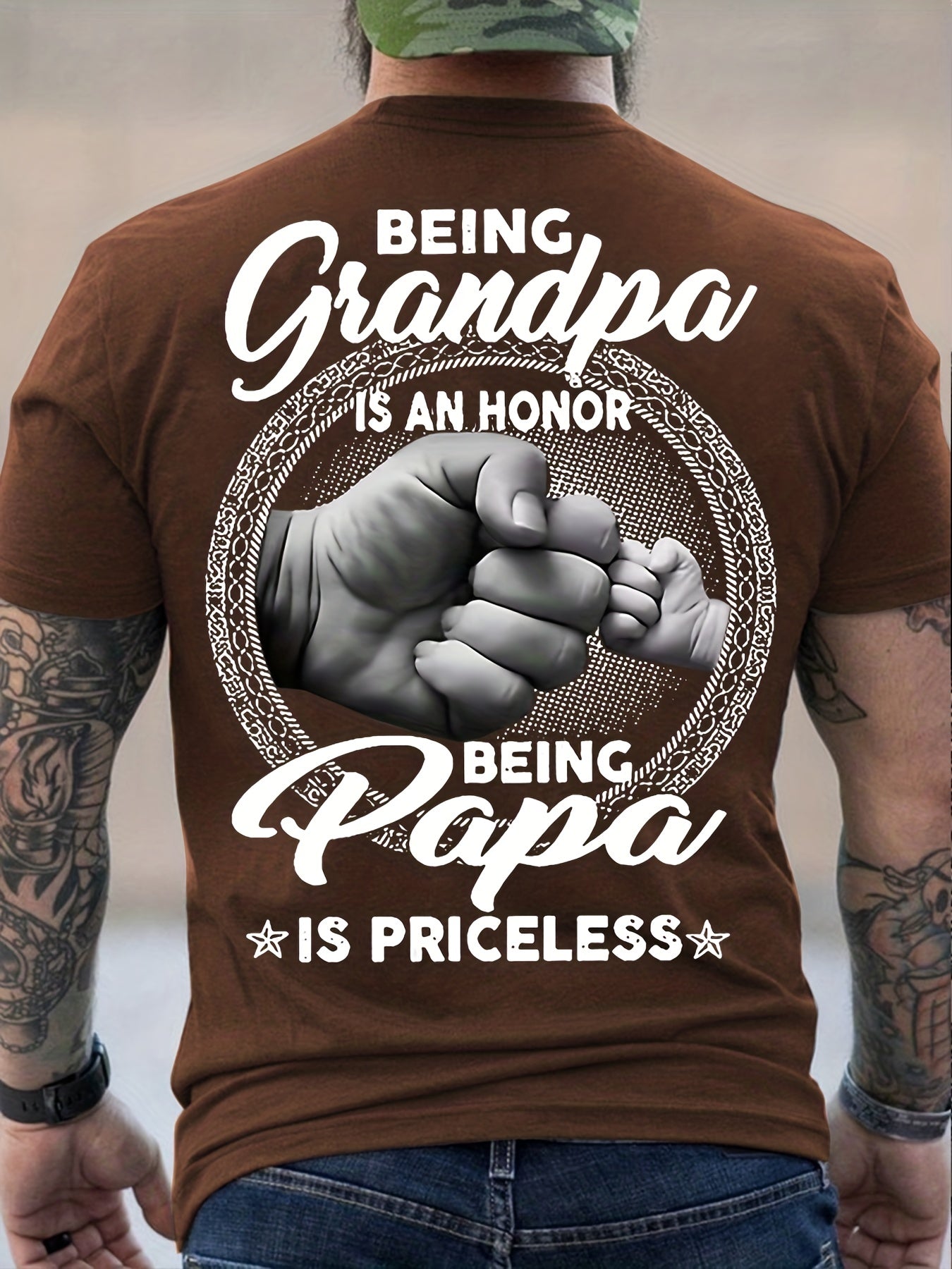 Men's Trendy T-shirt For Summer Outdoor, Casual "Being Grandpa Being Papa" Letter Print Slightly Stretch Crew Neck Tee Short Sleeve Stylish Clothing