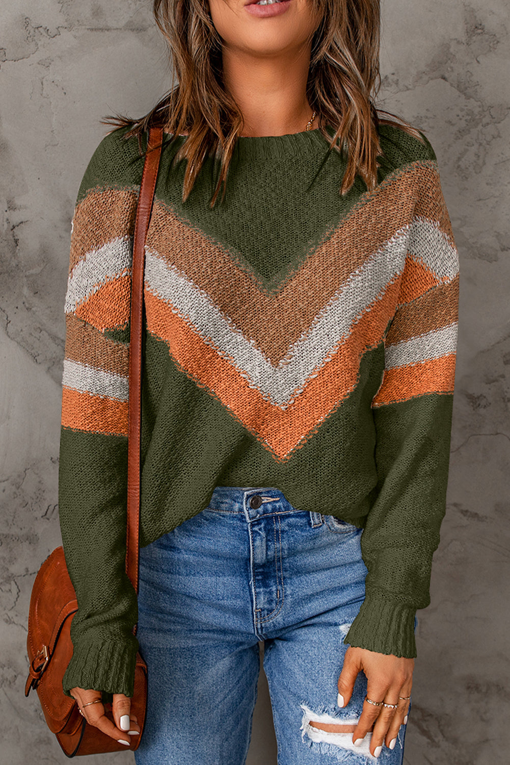 Black Chevron Striped Drop Shoulder Sweater