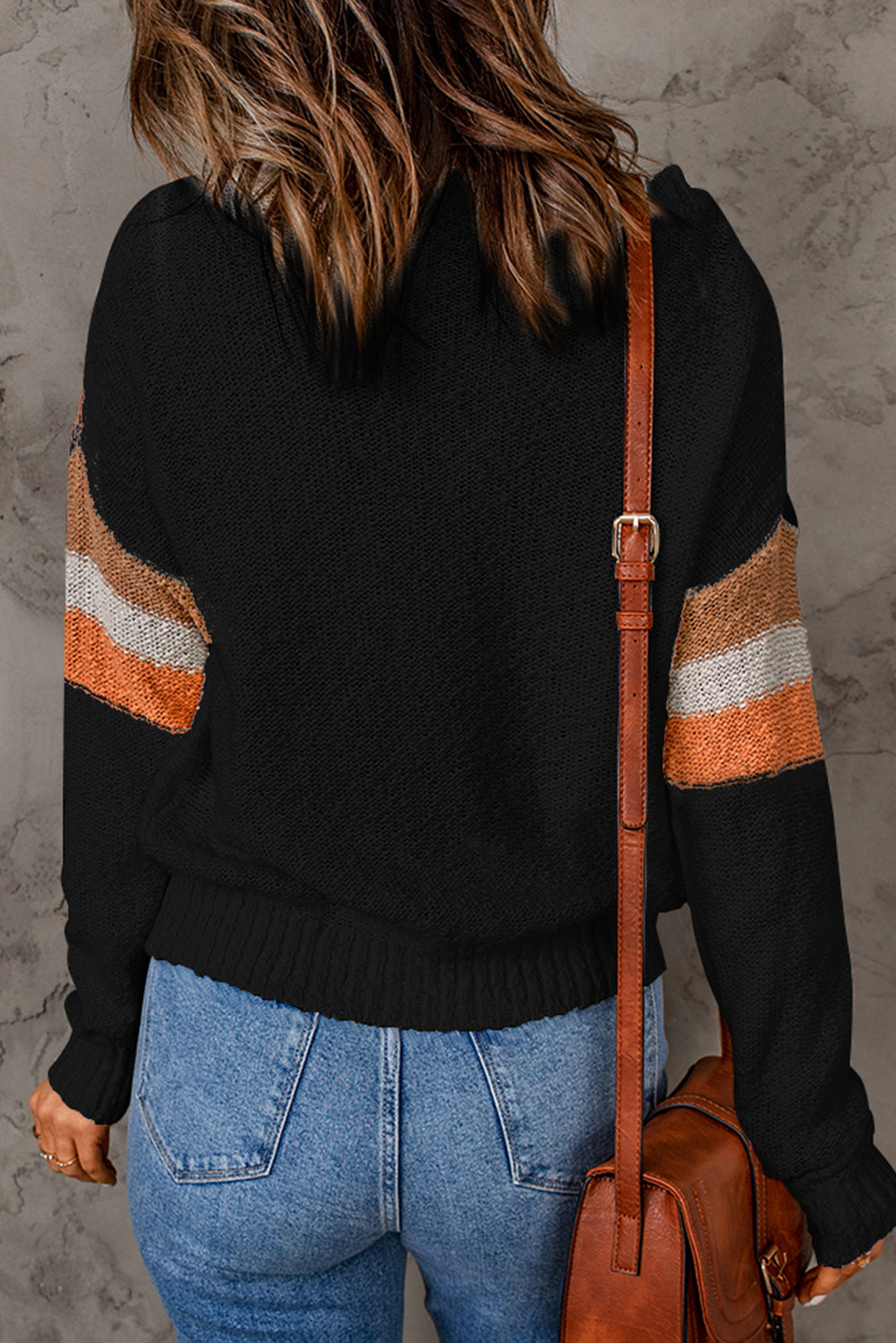 Black Chevron Striped Drop Shoulder Sweater