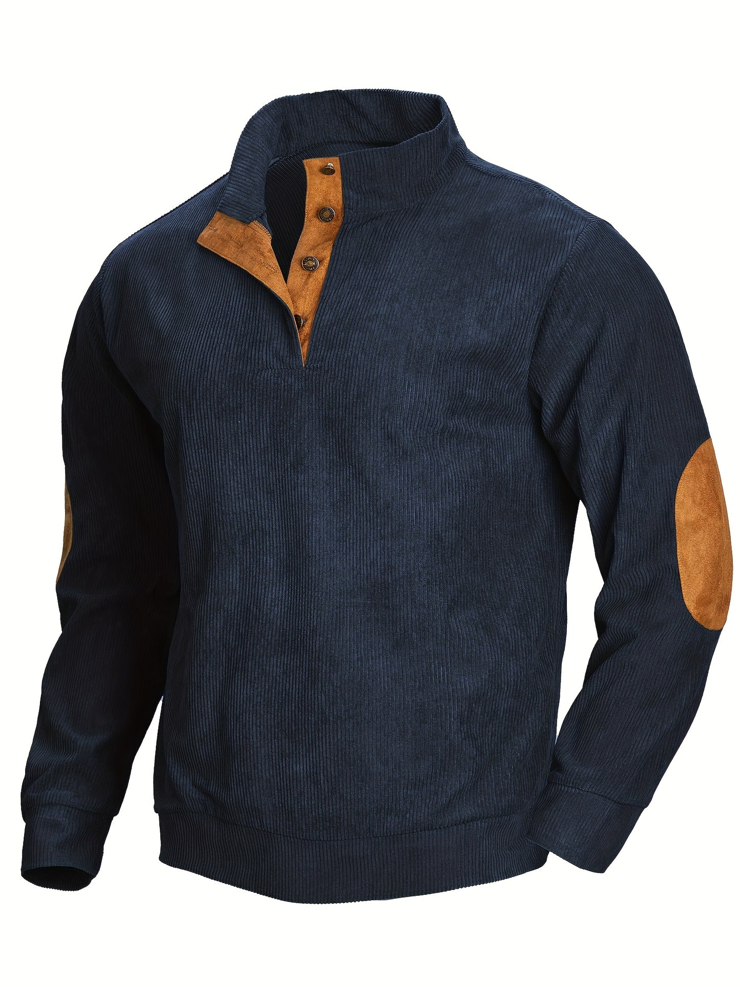 Ribbed Men's Casual Retro Stand Collar Thick Long Sleeve Henry Shirt, Fall Winter