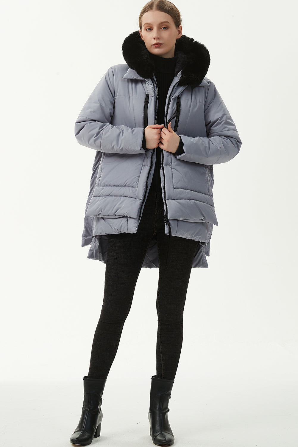 Beige Plush Linen Zip Up Hooded Puffer Coat