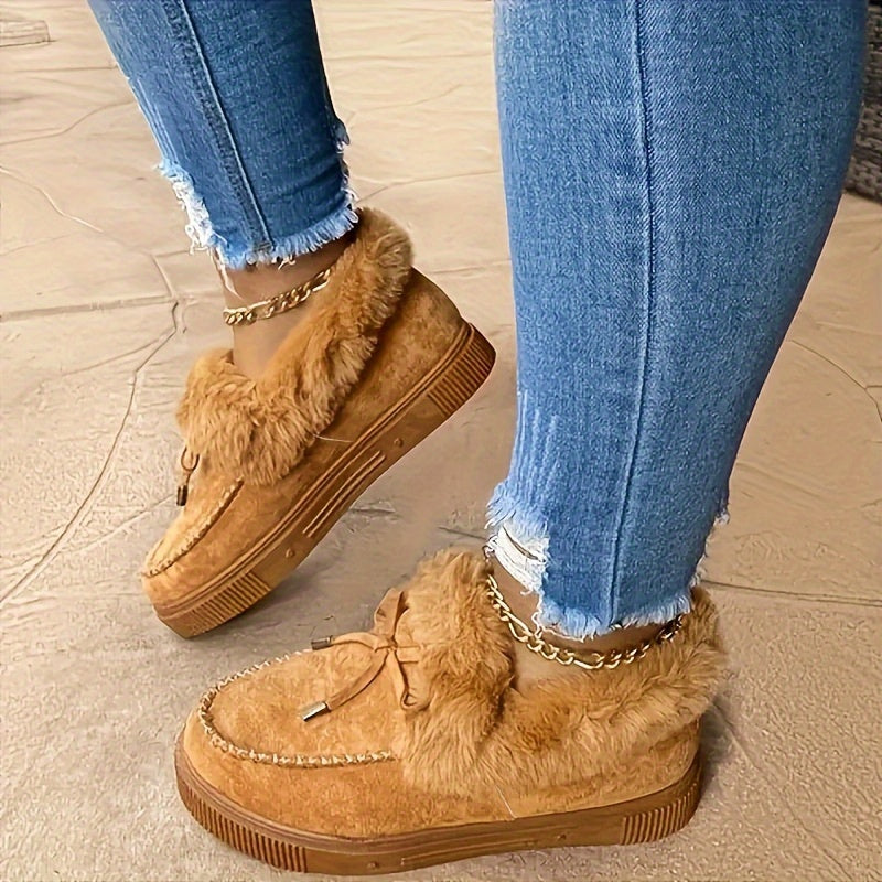 Women's Fluffy Furry Snow Boots, Solid Color Bowknot Plush Lined Ankle Boots, Winter Warm Flat Fuzzy Short Boots