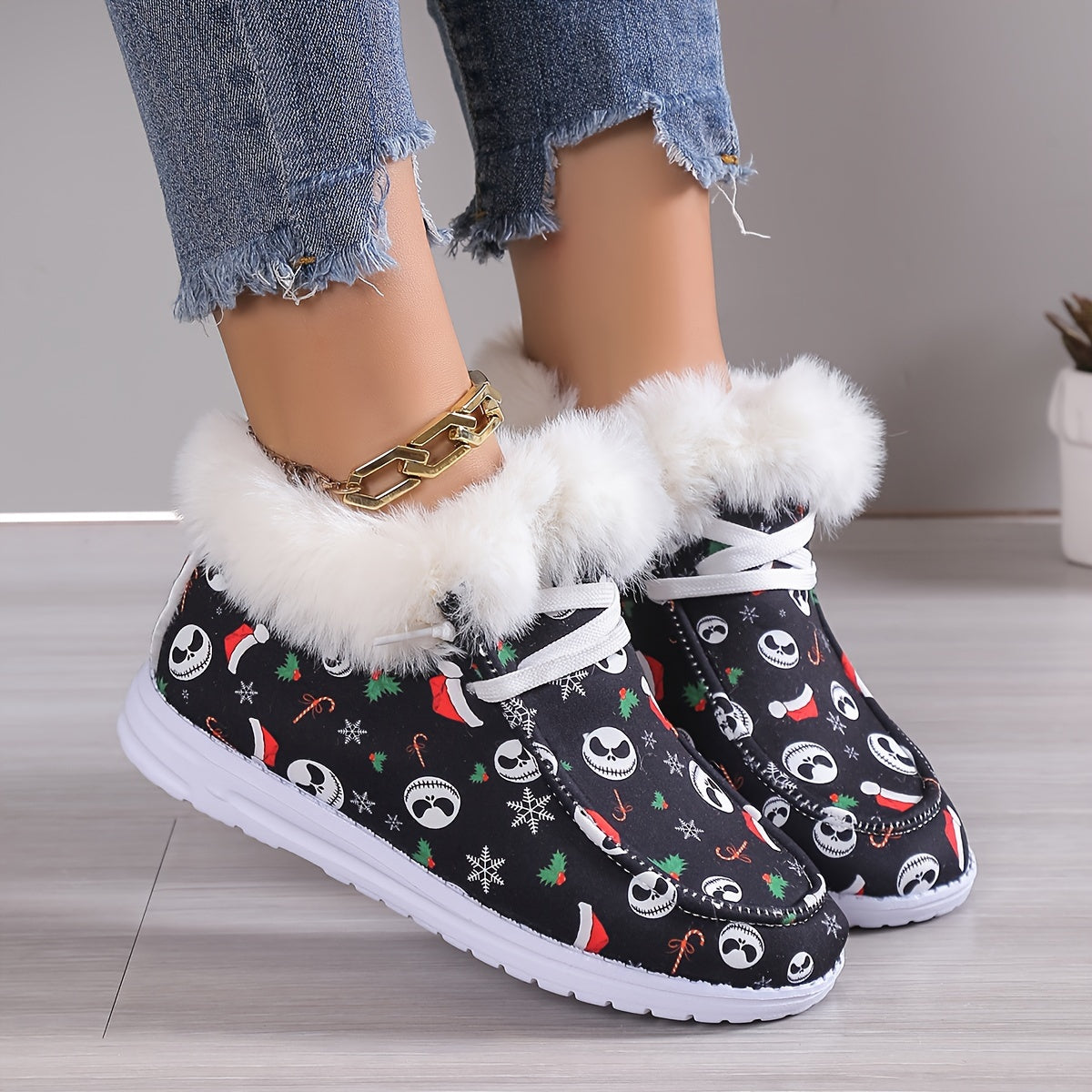 Women's Cartoon Print Fluffy Shoes, Slip On Fleece Lining Flat Soft Sole Shoes, Winter Plush Christmas Canvas Shoes