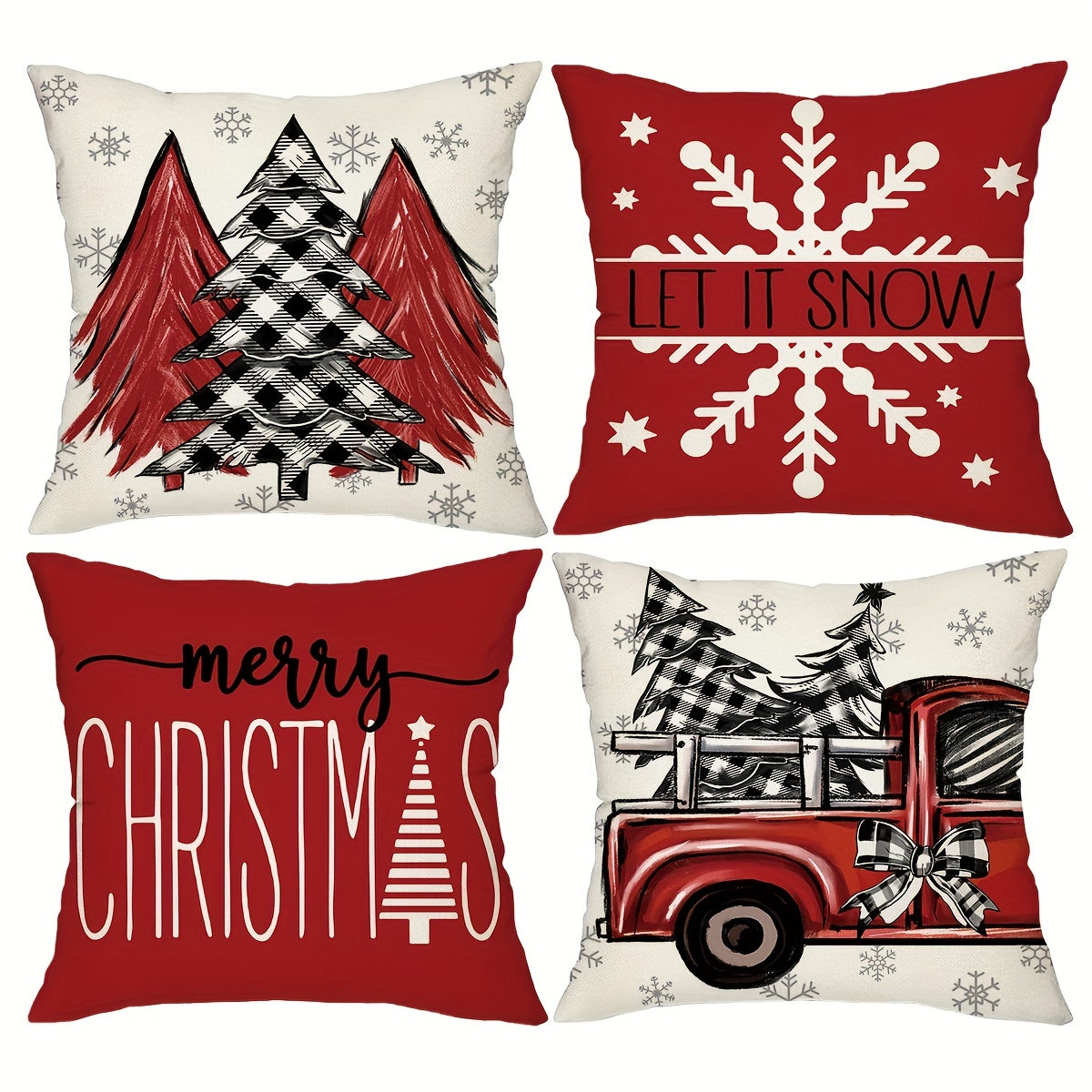 4pcs Red Christmas Pillow Covers, 18*18Inch Set Of 4 Farmhouse Christmas Decorations, Merry Christmas Tree Truck Hello Winter Holiday Decor Throw Cushion Cases For Couch Sofa Living Room Outdoor，Without Pillow Inserts