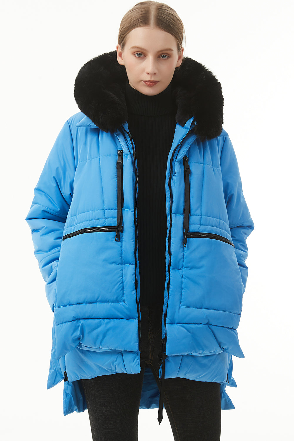 Beige Plush Linen Zip Up Hooded Puffer Coat