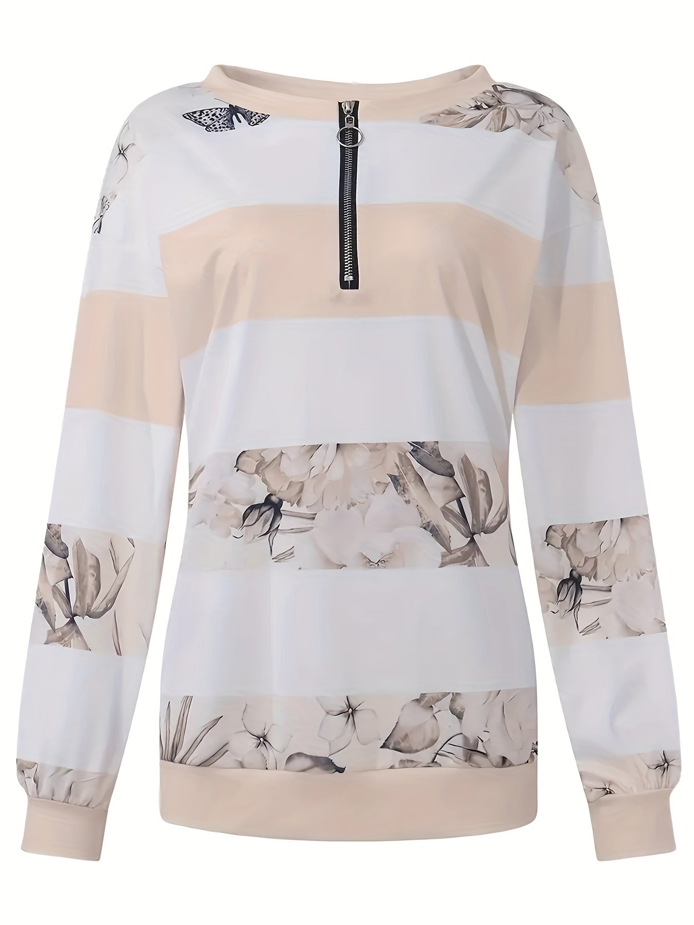 Floral Print Striped Zipper Pullover Sweatshirt, Casual Long Sleeve Sweatshirt For Fall & Winter, Women's Clothing