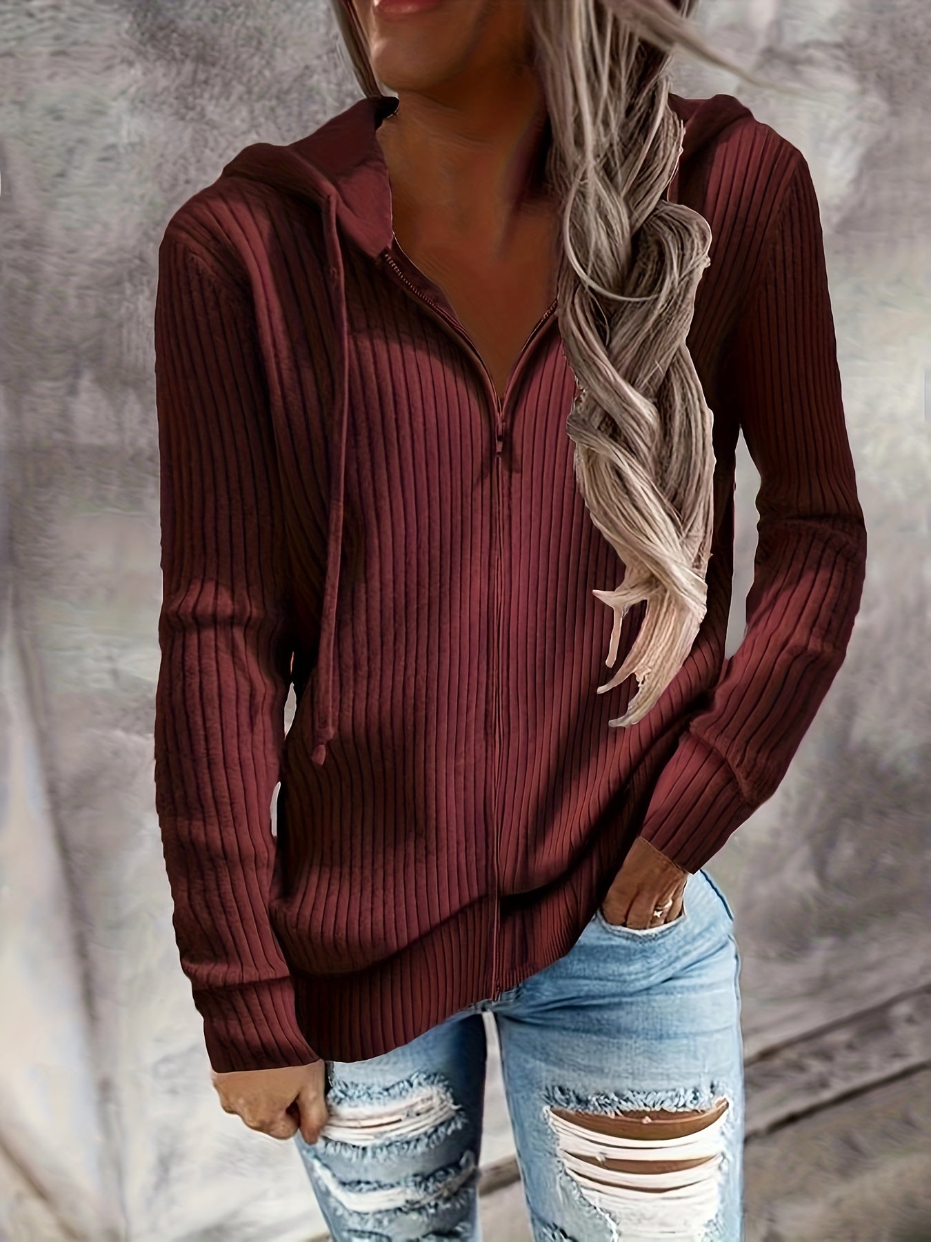 Drawstring Zip Up Hoodie, Casual Long Sleeve Hoodie For Fall & Winter, Women's Clothing