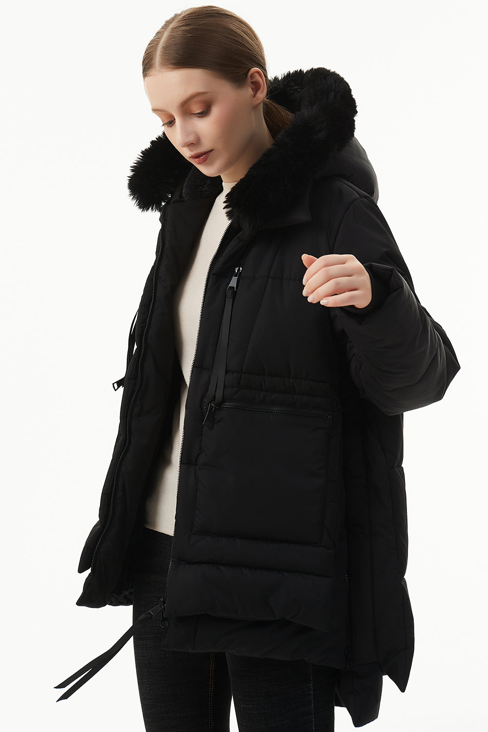 Beige Plush Linen Zip Up Hooded Puffer Coat