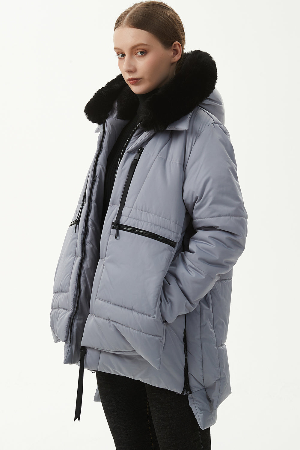 Beige Plush Linen Zip Up Hooded Puffer Coat