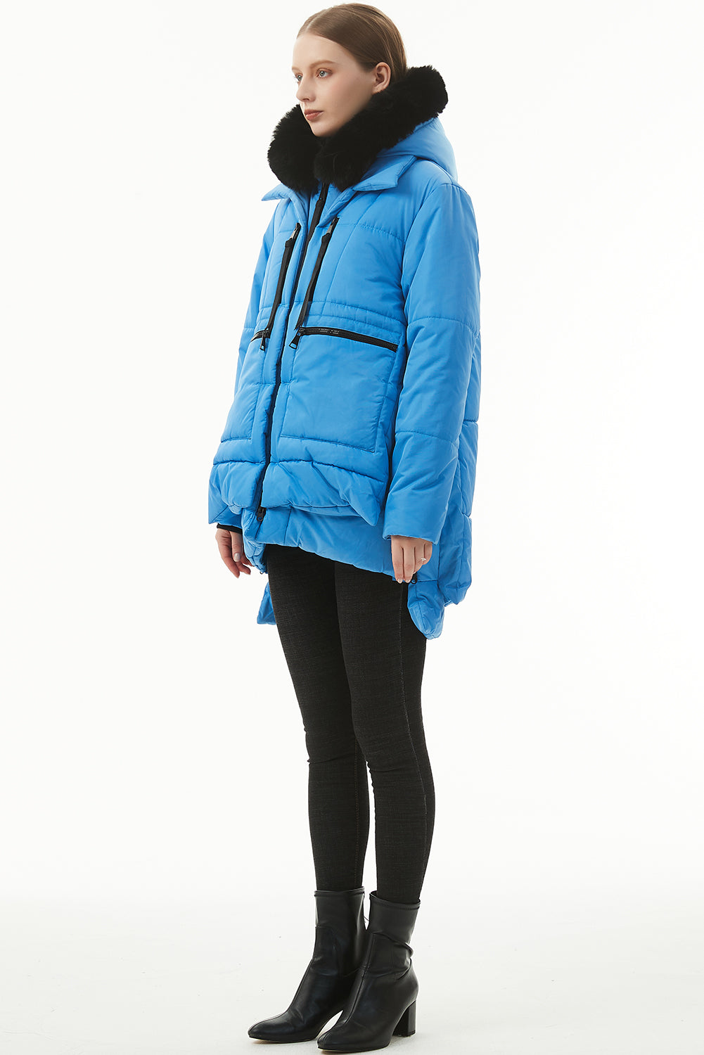 Beige Plush Linen Zip Up Hooded Puffer Coat