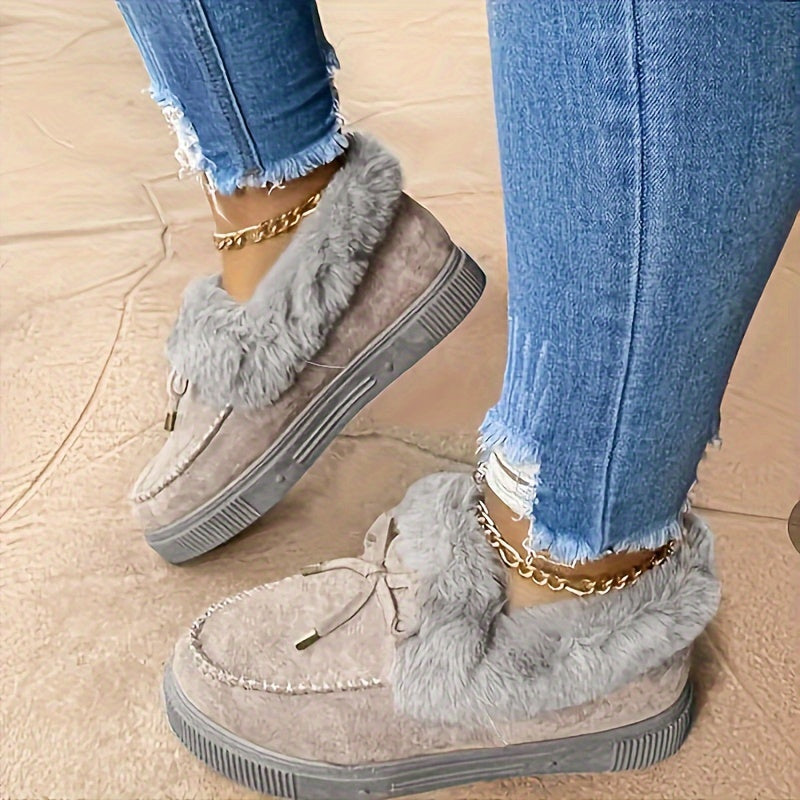 Women's Fluffy Furry Snow Boots, Solid Color Bowknot Plush Lined Ankle Boots, Winter Warm Flat Fuzzy Short Boots
