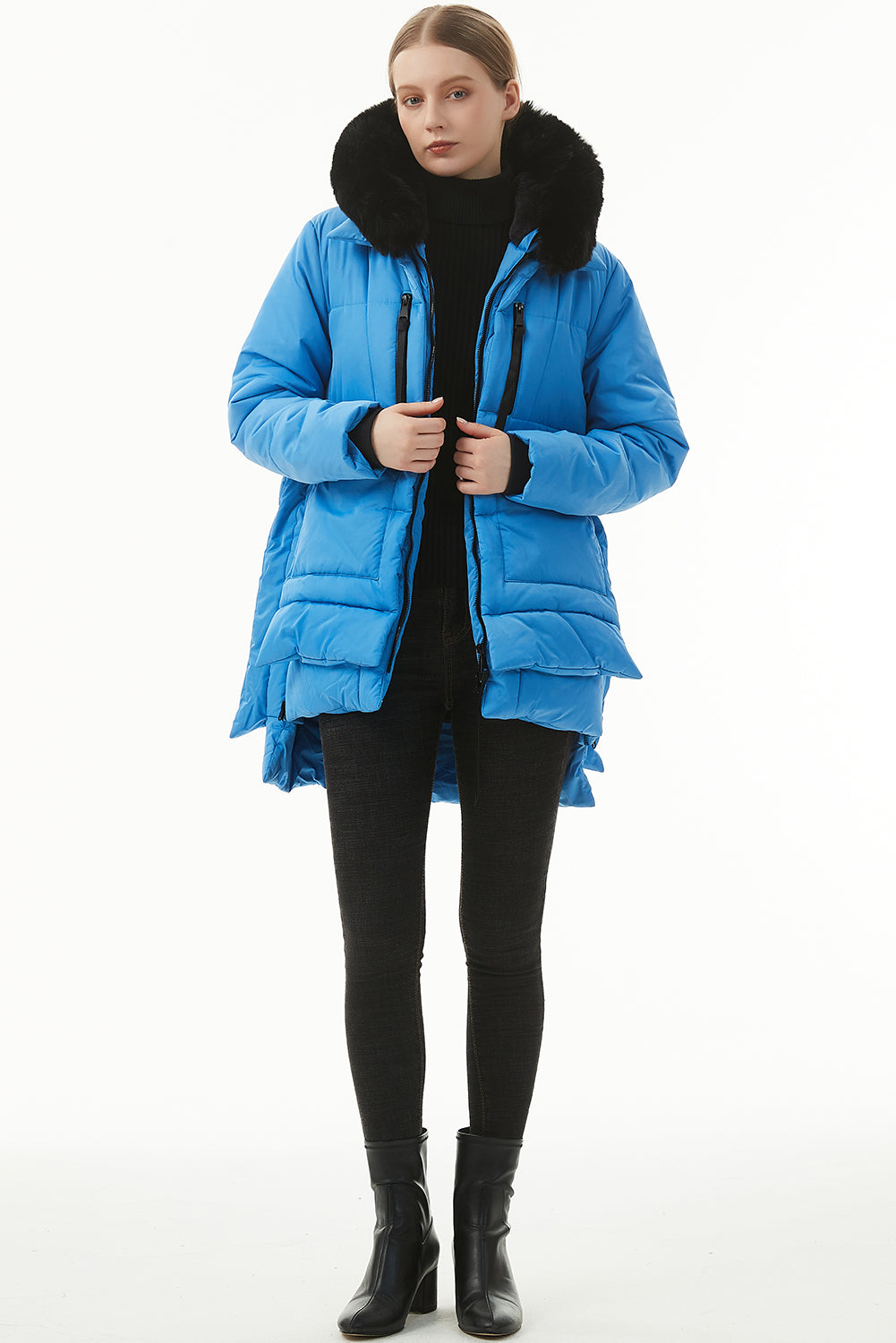 Beige Plush Linen Zip Up Hooded Puffer Coat