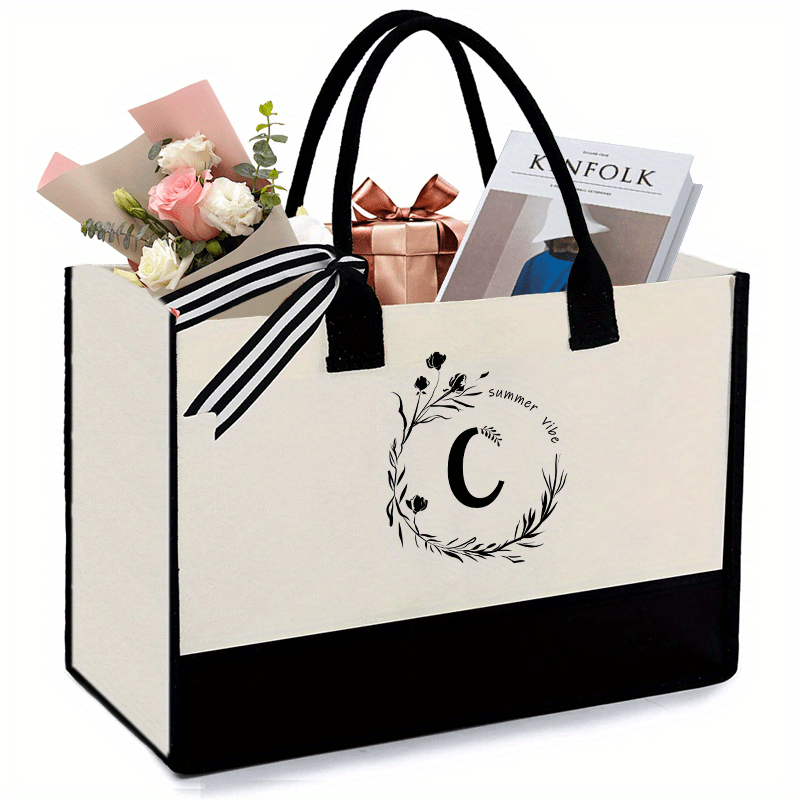 Initial Canvas Tote Bag With Zipper Pocket 13OZ Embroidery Monogrammed Personalized Birthday Gifts For Women And Men | Letter J