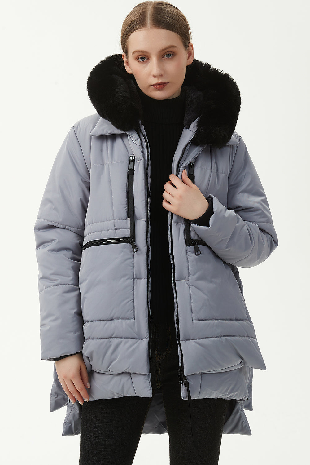Beige Plush Linen Zip Up Hooded Puffer Coat