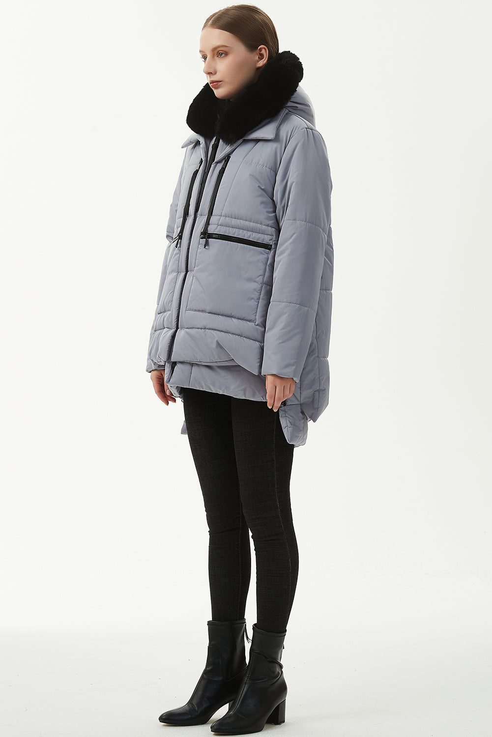 Beige Plush Linen Zip Up Hooded Puffer Coat