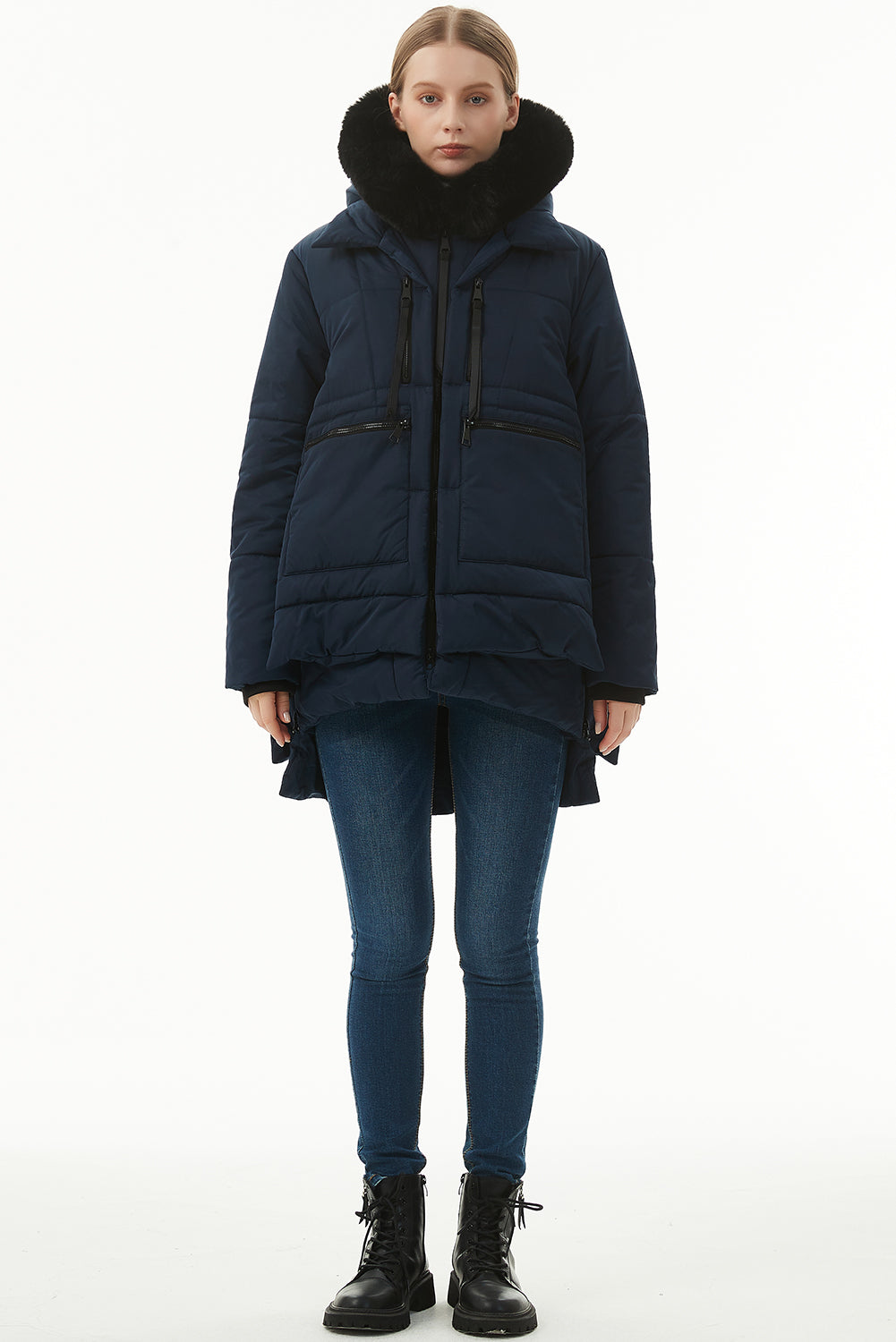 Beige Plush Linen Zip Up Hooded Puffer Coat