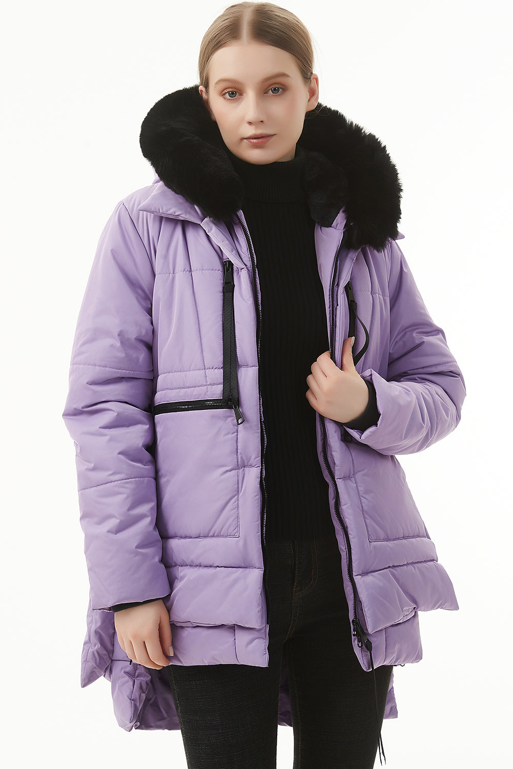 Beige Plush Linen Zip Up Hooded Puffer Coat