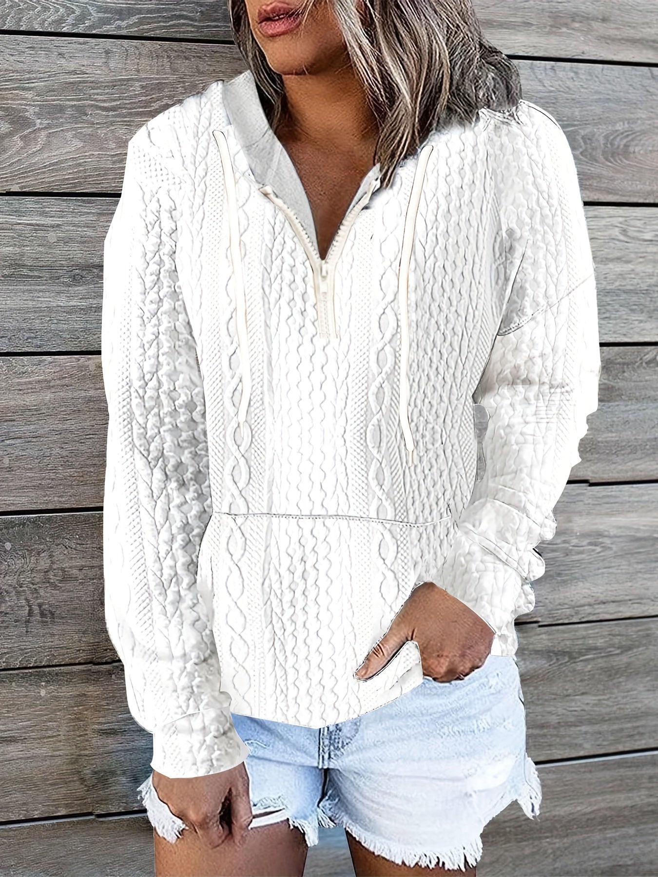 Cable Knit Quarter Zip Hoodie, Casual Long Sleeve Drawstring Hoodies Sweatshirt, Women's Clothing