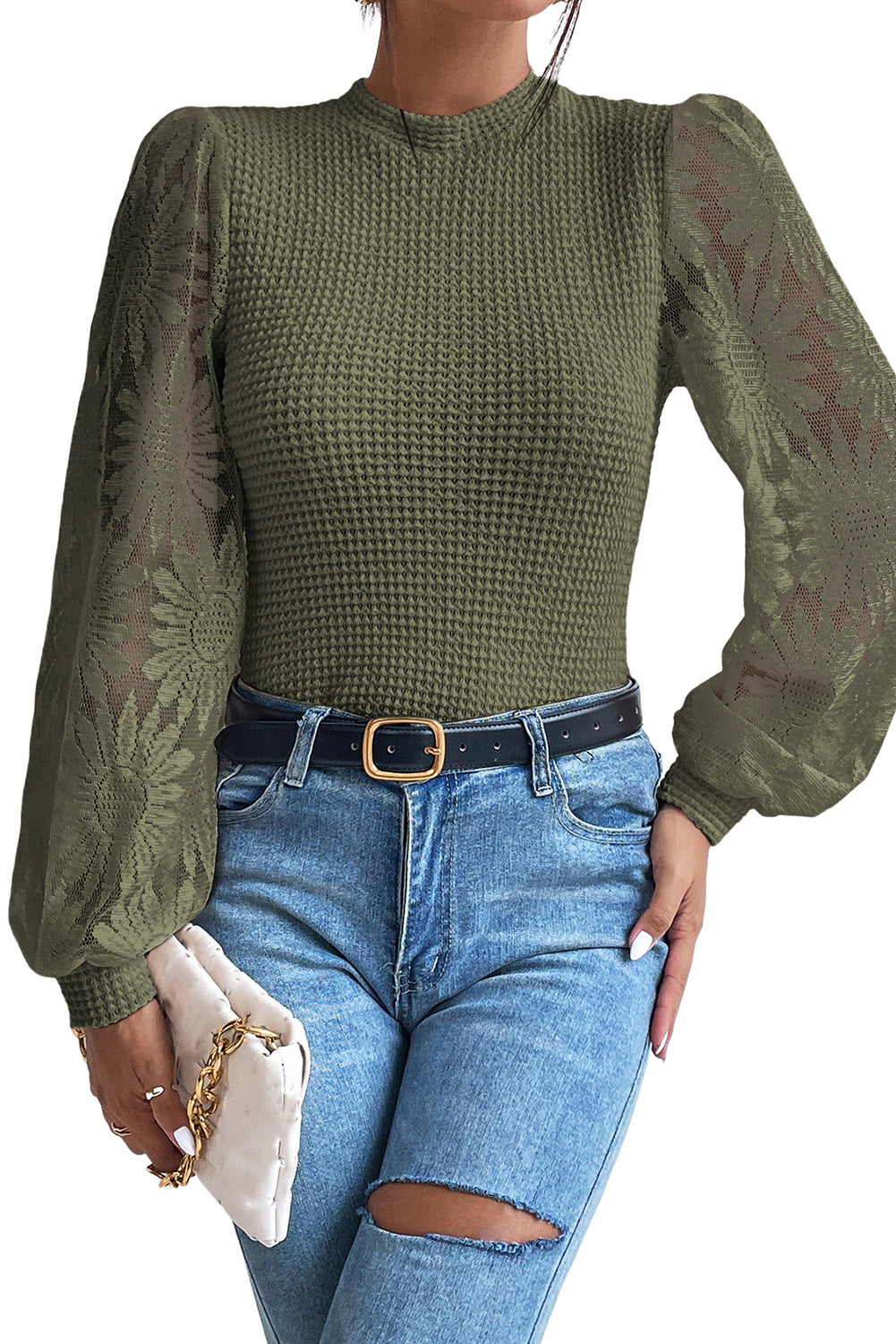 Peach Blossom Sunflower Mesh Bubble Sleeve Waffle Knit Top