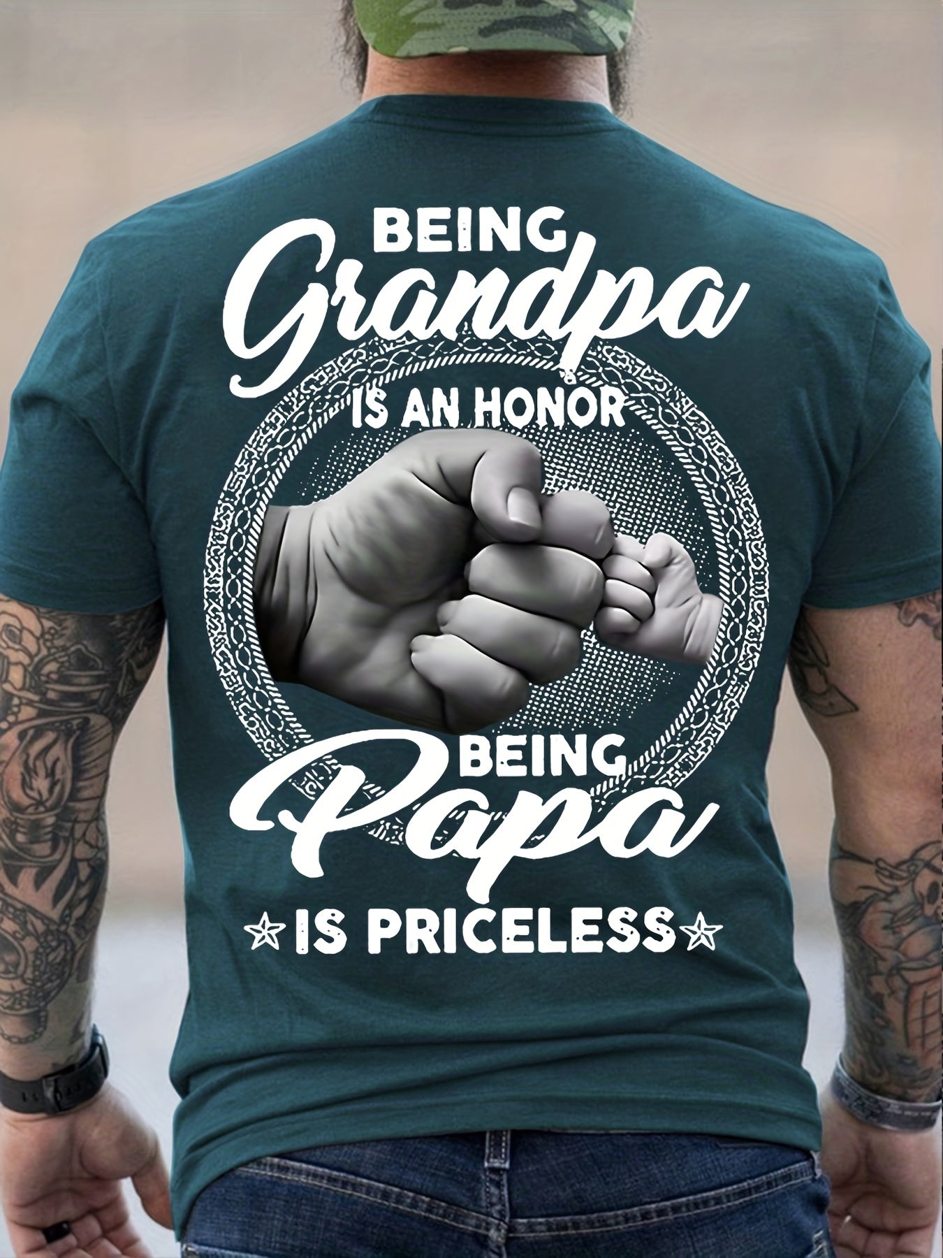 Men's Trendy T-shirt For Summer Outdoor, Casual "Being Grandpa Being Papa" Letter Print Slightly Stretch Crew Neck Tee Short Sleeve Stylish Clothing