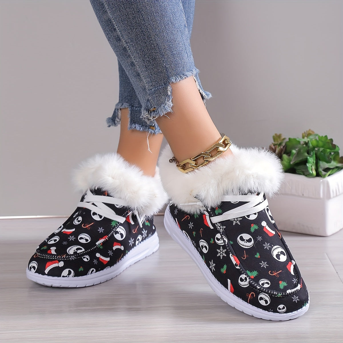 Women's Cartoon Print Fluffy Shoes, Slip On Fleece Lining Flat Soft Sole Shoes, Winter Plush Christmas Canvas Shoes