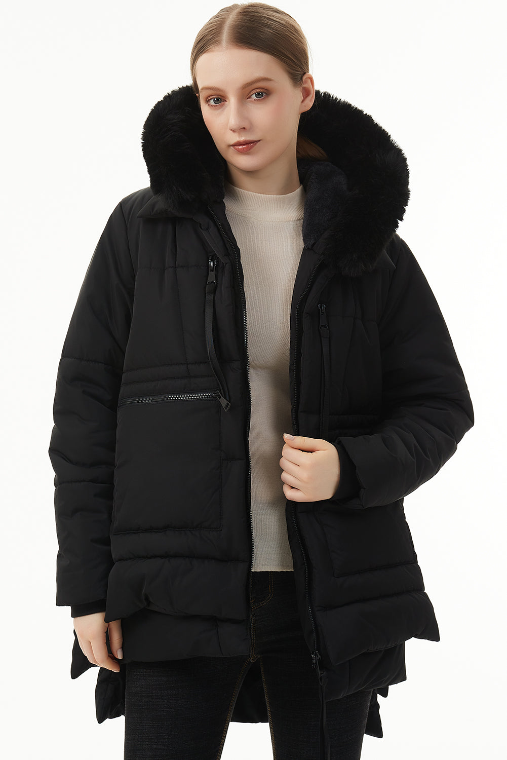 Beige Plush Linen Zip Up Hooded Puffer Coat
