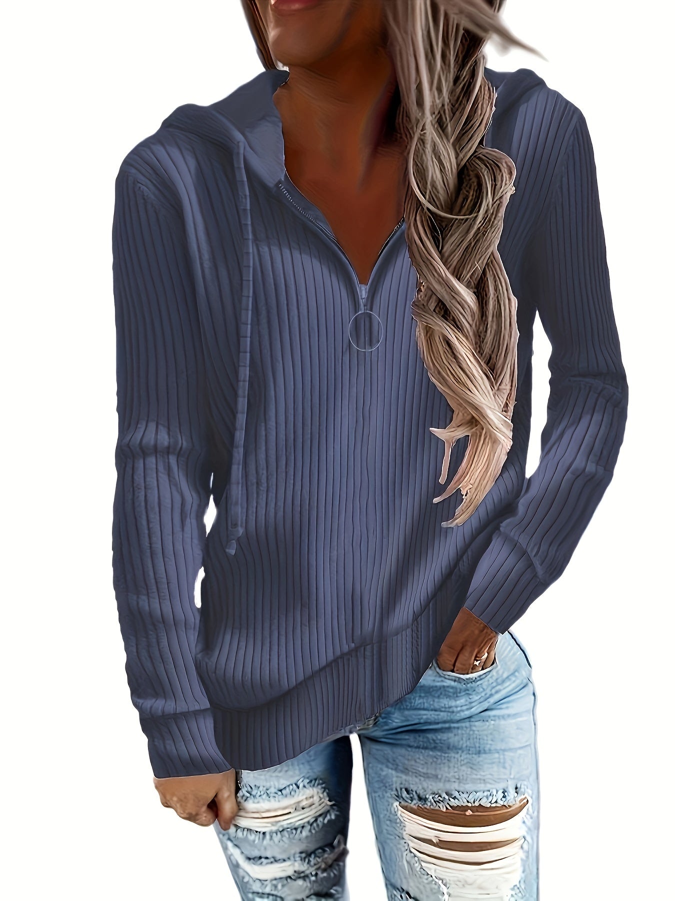 Zip-up Pullover Drawstring Hoodie, Casual Long Sleeve Ribbed Hoodie Sweatshirt, Women's Clothing