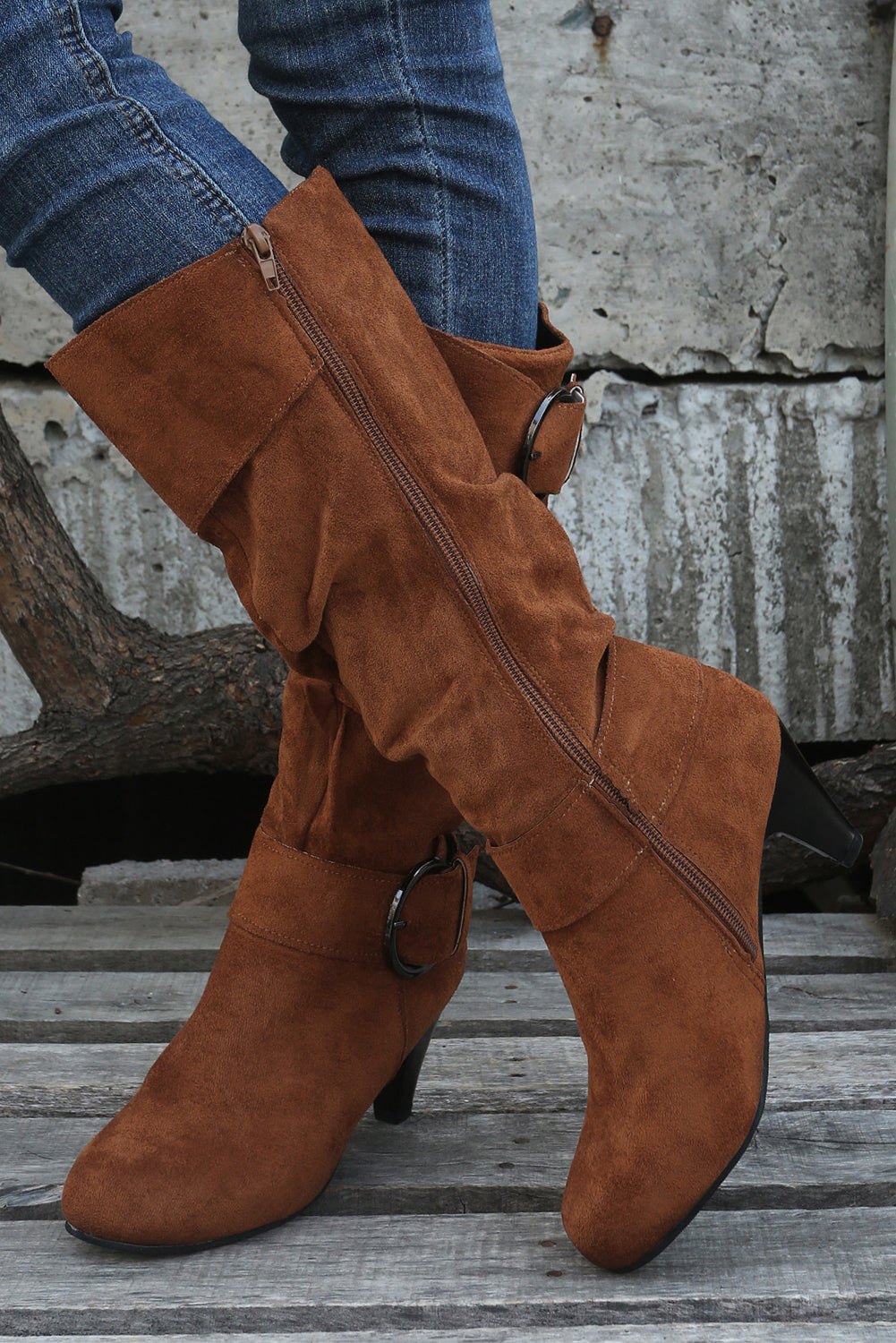 Chestnut Pointed Toe Buckle Decor Zipper Heeled Boots