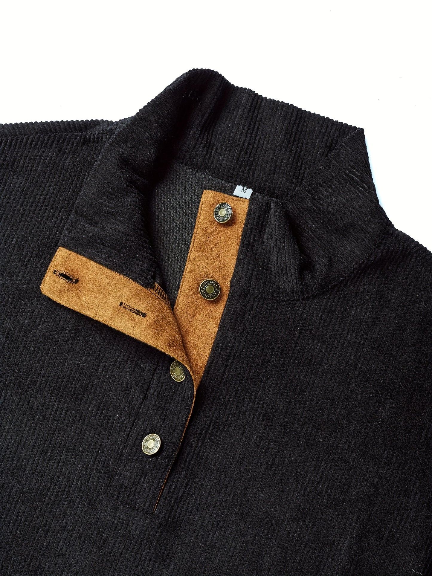 Ribbed Men's Casual Retro Stand Collar Thick Long Sleeve Henry Shirt, Fall Winter