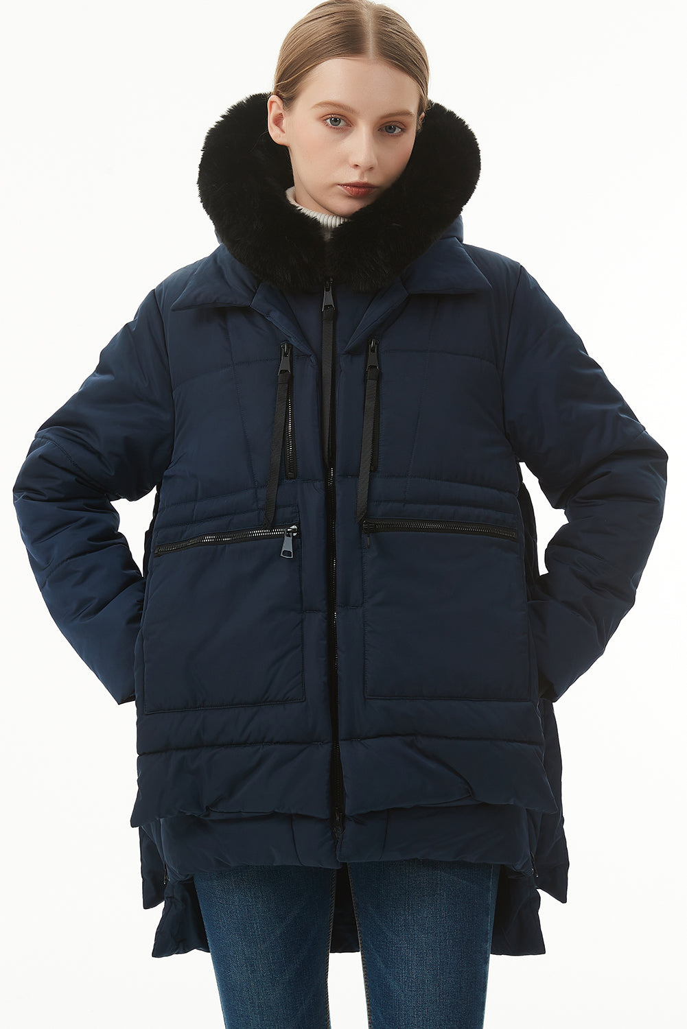 Beige Plush Linen Zip Up Hooded Puffer Coat