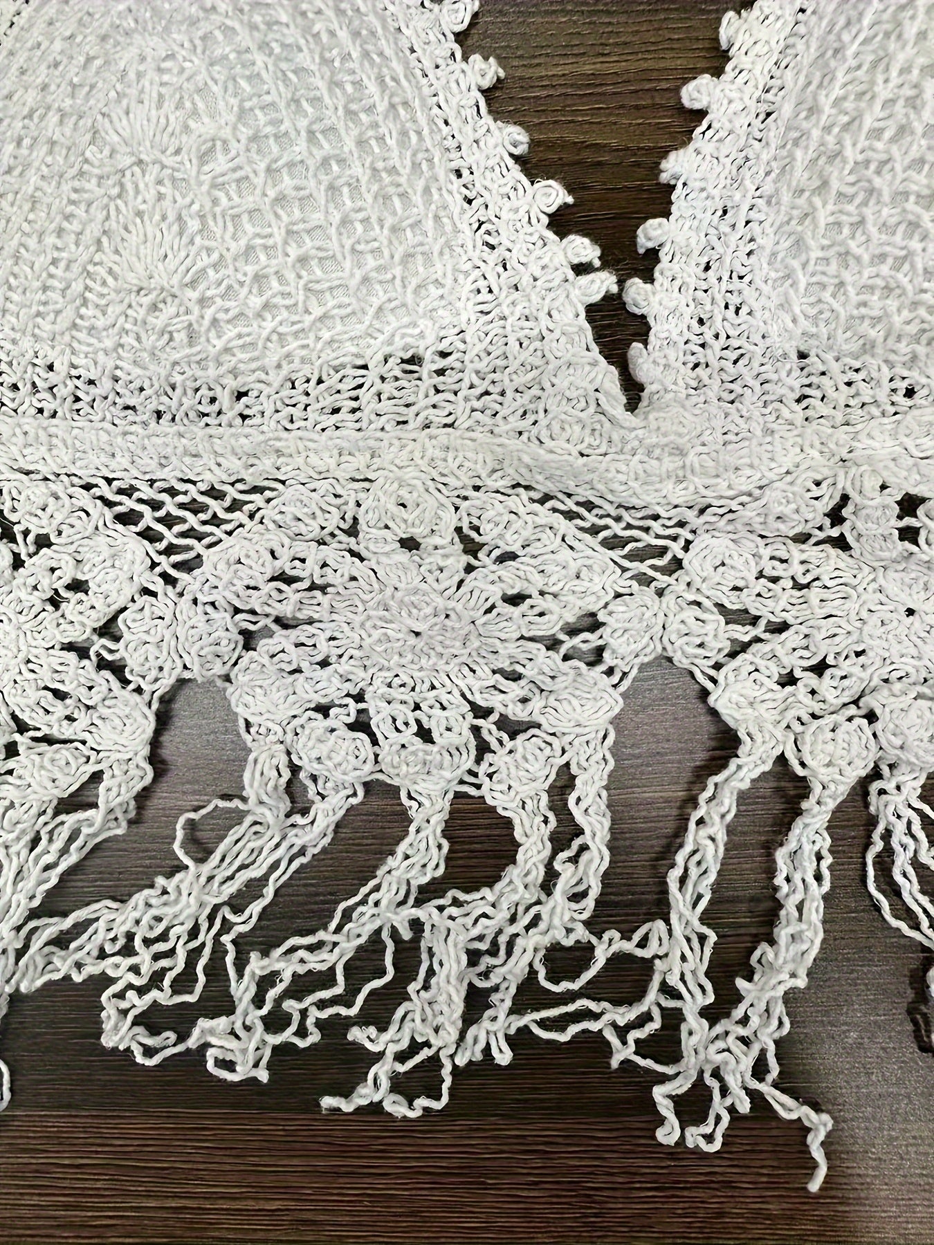 Floral Crochet Fringe Plain Scallop Trim Boho Beach Top, Halter Backless Hollow Out Paddings Top, Women's Swimwear & Clothing