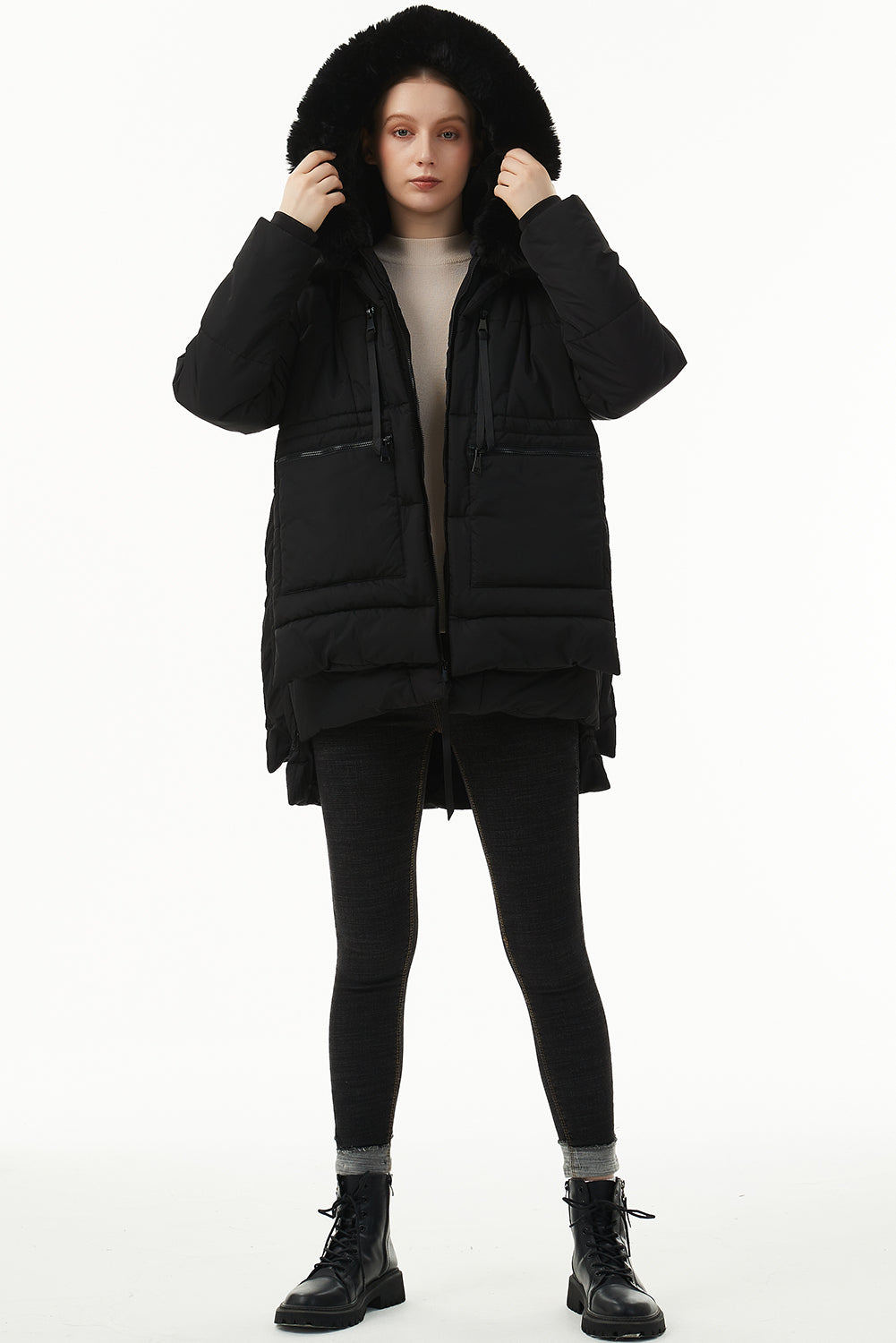 Beige Plush Linen Zip Up Hooded Puffer Coat