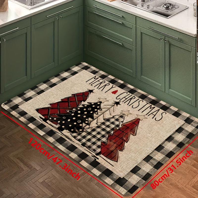 1pc, Vintage Puffy Christmas Tree Pattern Mat, Non-slip Oil-proof Waterproof Floor Mat,  Dirt-resistant Floor Mat,  For Kitchen Living Room Laundry Bathroom, Room Decor