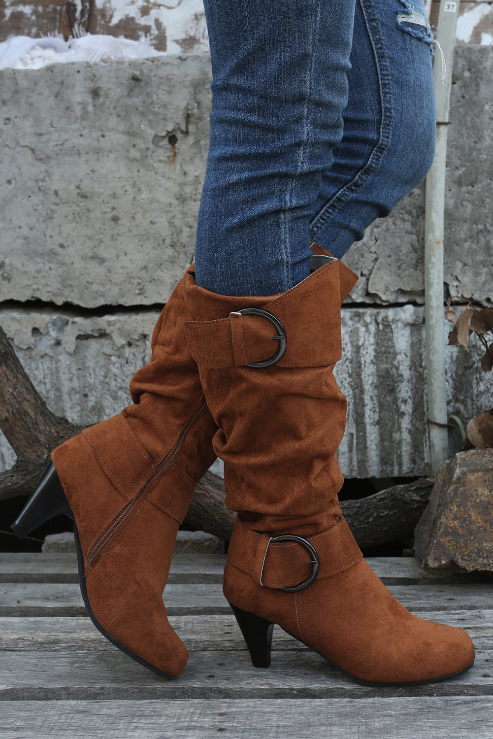Chestnut Pointed Toe Buckle Decor Zipper Heeled Boots