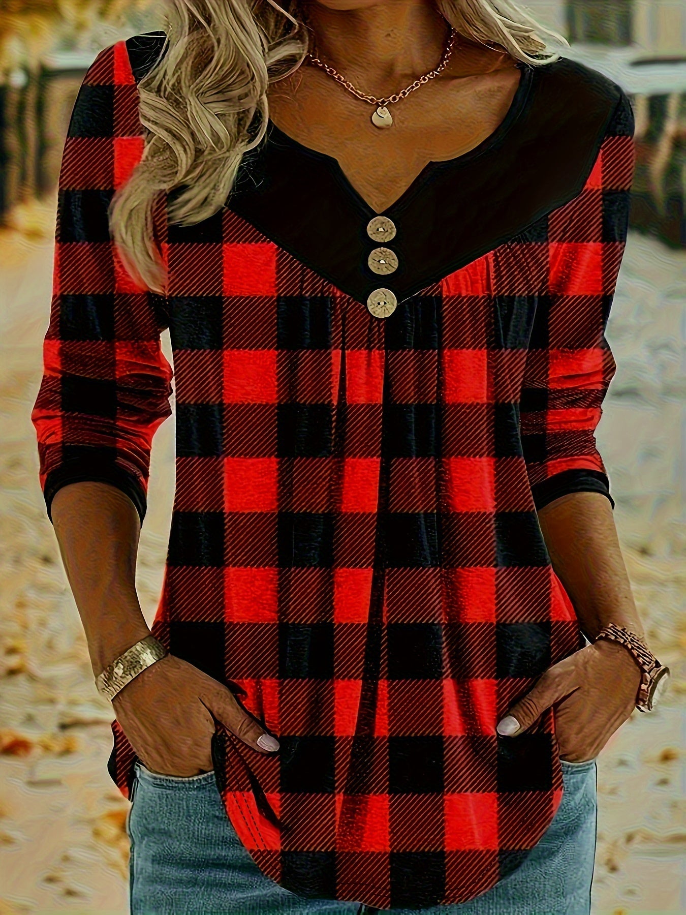 Plaid Print Notch Neck Button T-Shirt, Casual Long Sleeve T-Shirt For Spring & Fall, Women's Clothing