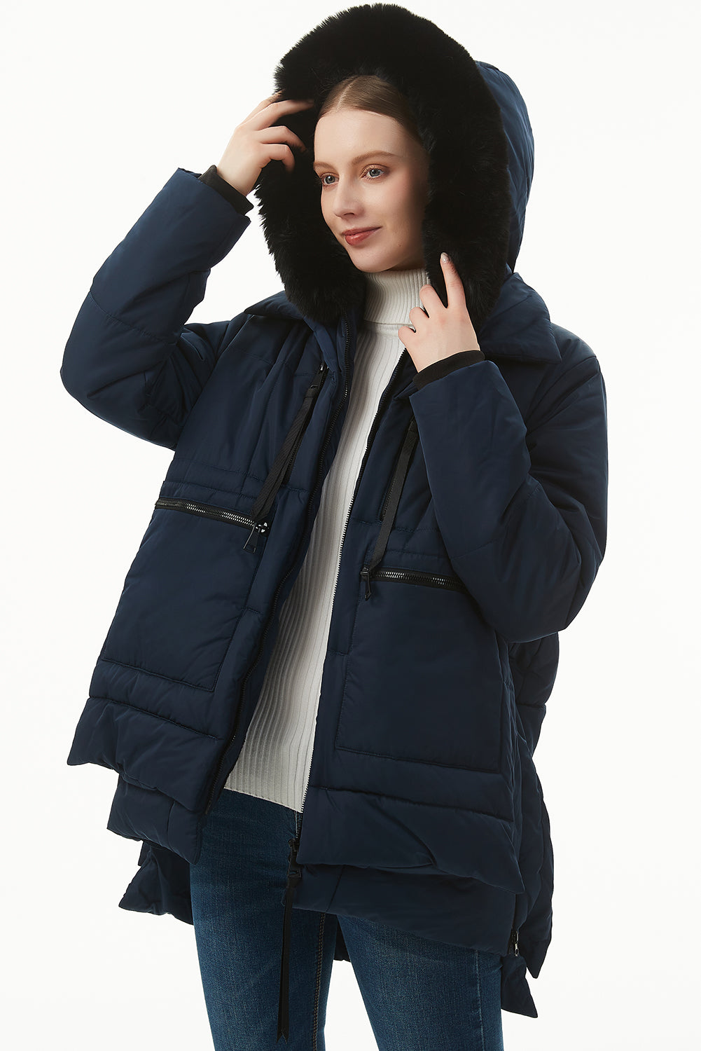Beige Plush Linen Zip Up Hooded Puffer Coat