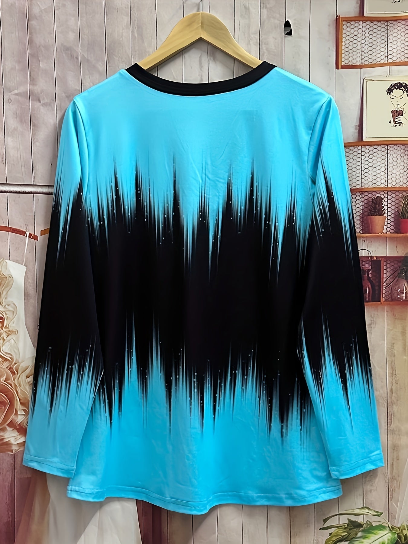 Plus Size Casual T-shirt, Women's Plus Ombre Stripe Print Button Decor Long Sleeve V Neck Slight Stretch T-shirt