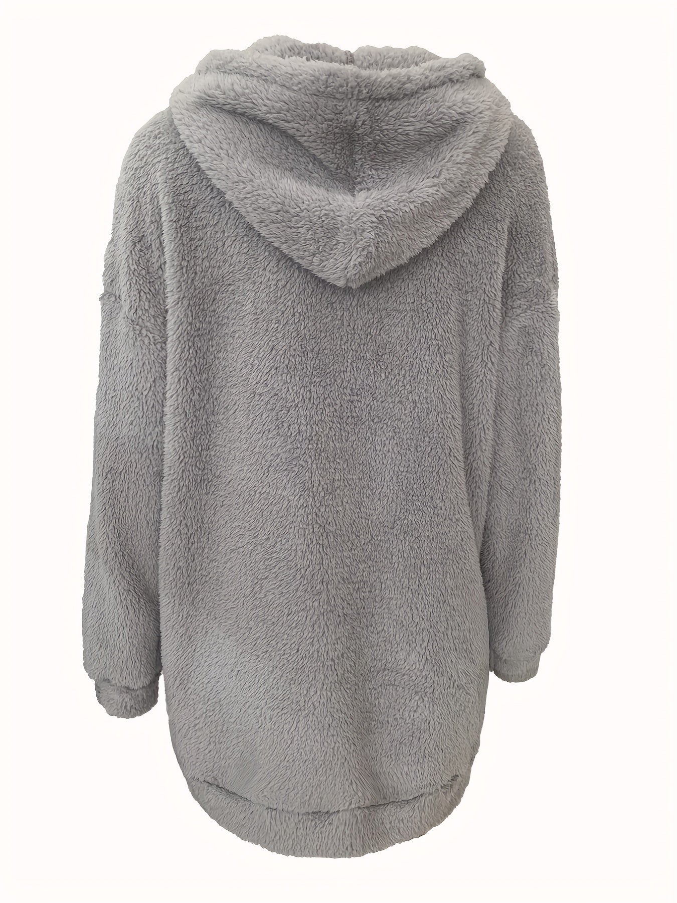 Fuzzy Long Length Hoodie, Casual Solid Long Sleeve Kangaroo Pocket Winter Sweatshirt, Women's Clothing