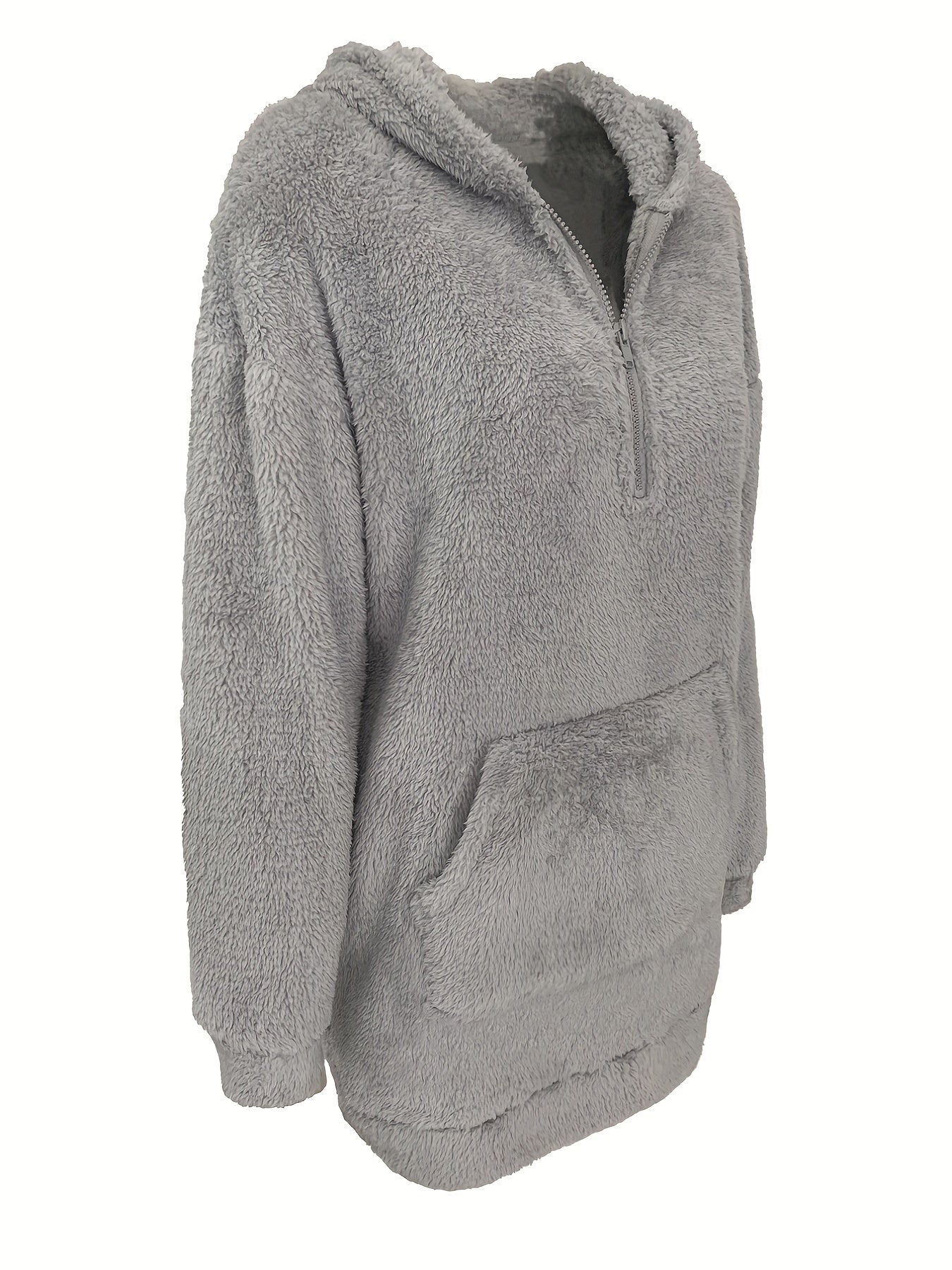 Fuzzy Long Length Hoodie, Casual Solid Long Sleeve Kangaroo Pocket Winter Sweatshirt, Women's Clothing